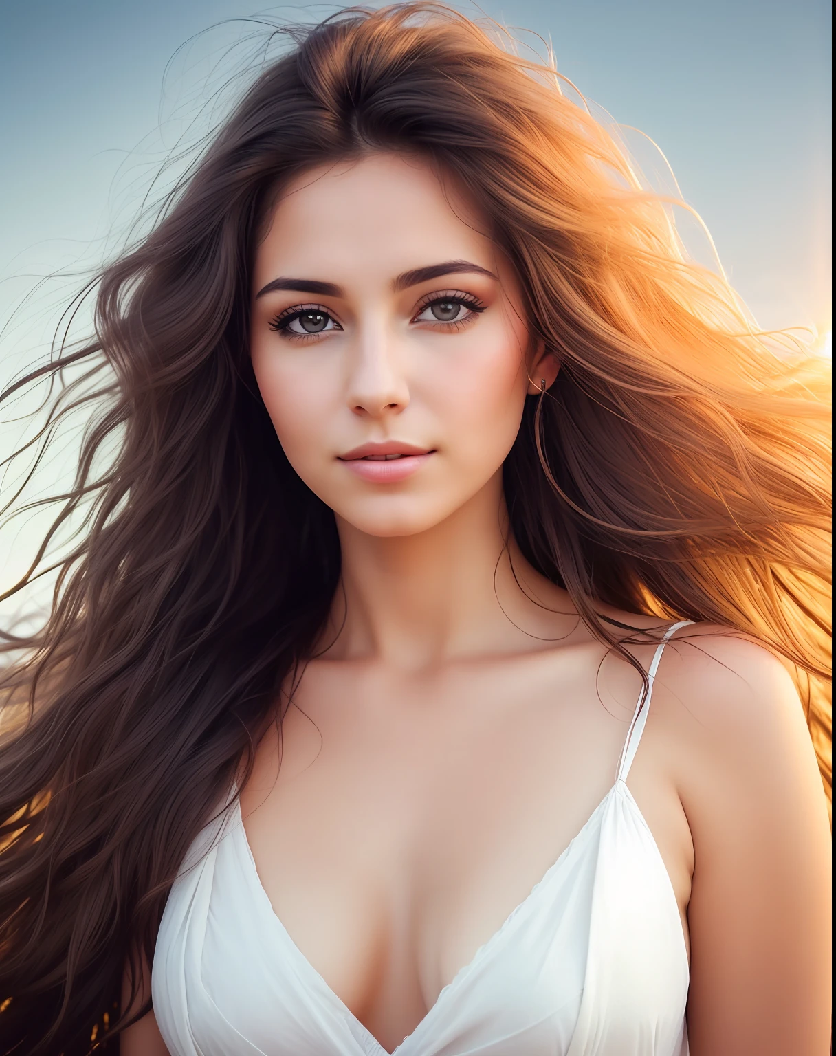 Woman, in the sky, with flowing hair, skin texture, the lights of a sun, detail face, detail backgrounds little blur, natural lights, HDR, photo realistic, professional photo, flirt with the viewer