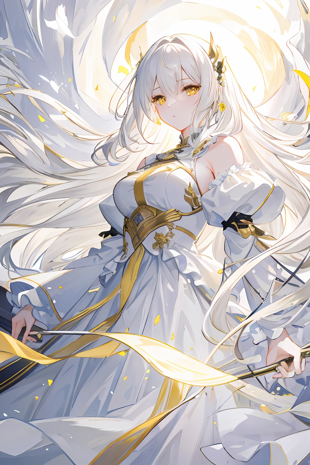 an extremely delicate and beautiful CG illustration, best quality, high resolution, dynamic angle, full-length shot, (1girl), yellow eyes and straight long white hair, floating, soft light, high-key lighting)