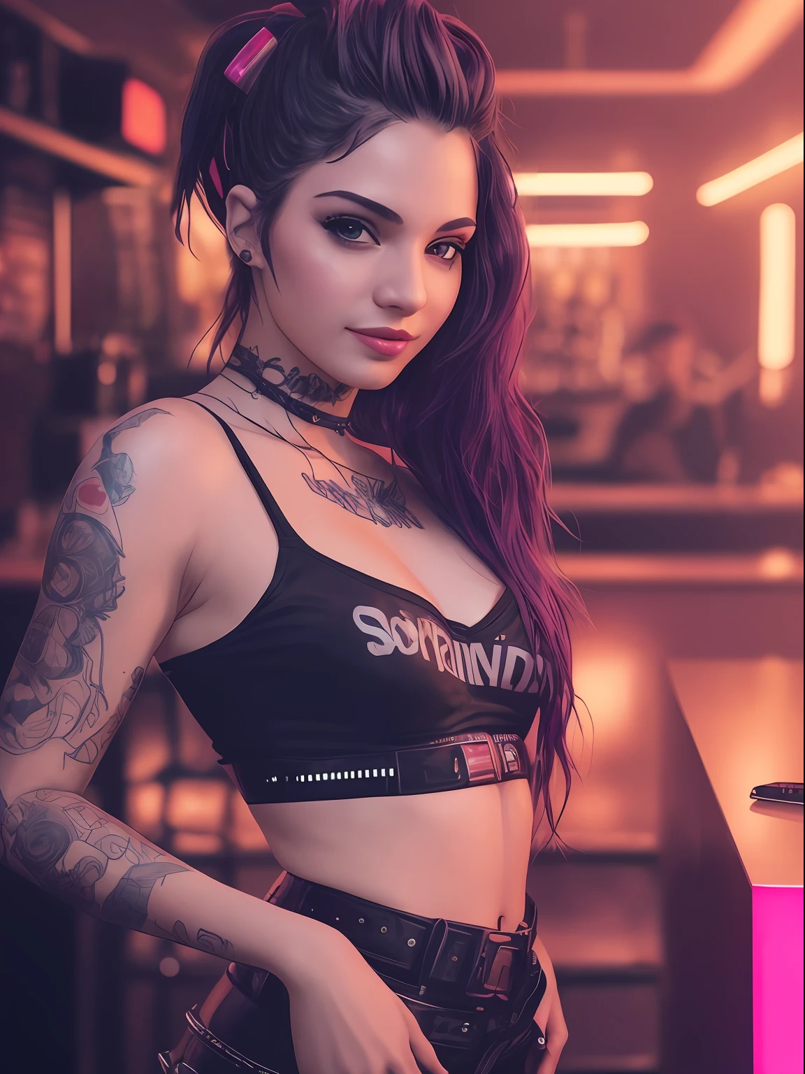 Photo of a young woman's masterpiece, (sorrindo: 1.2), mulher, cabelo punk, tatuado, cyberpunk, sentado em um bar cyberpunk, pose sedutora, grumpy lighting, retroiluminado, realista, neon lighting in the background