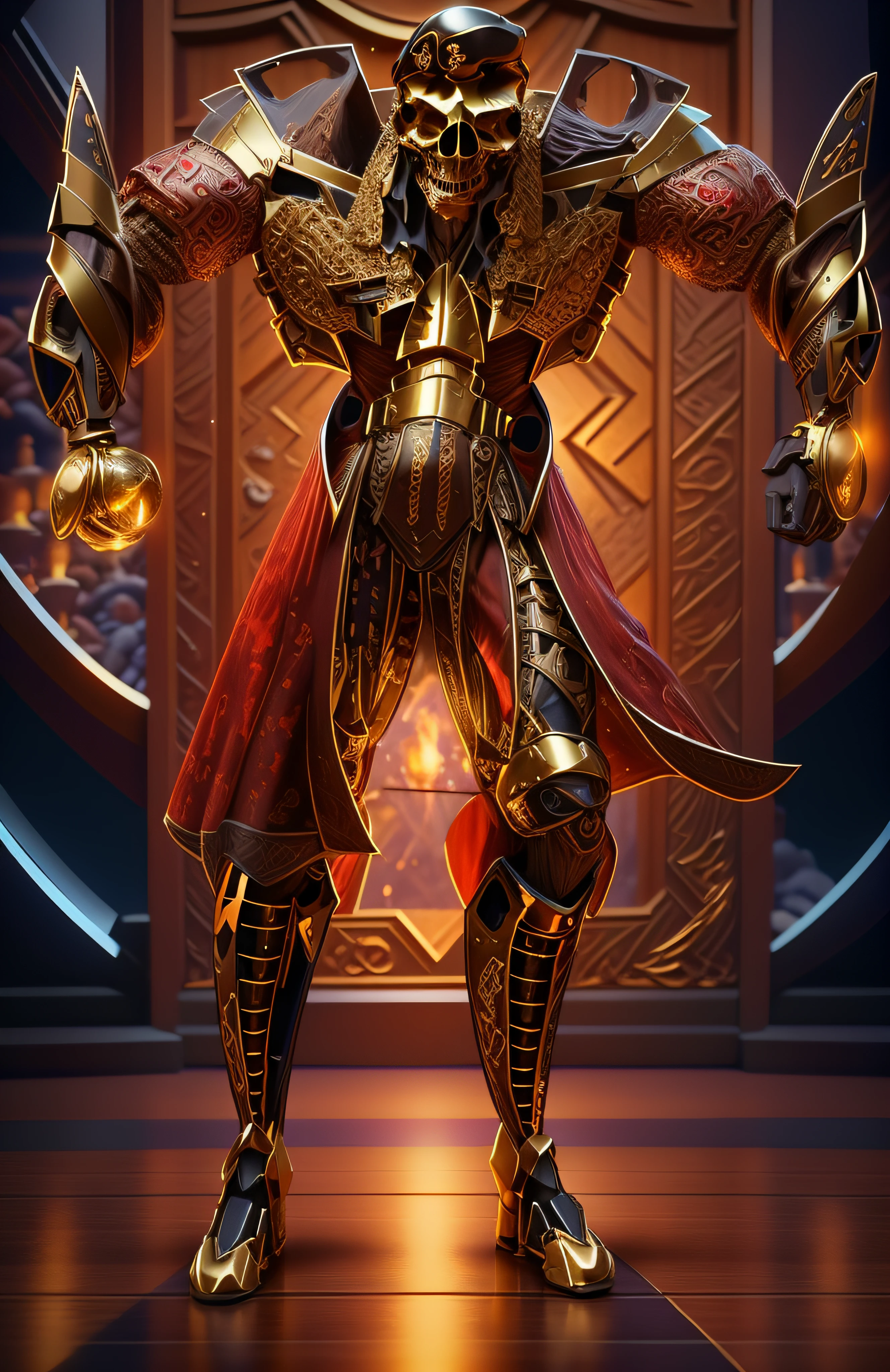 The sinister depiction of a skull-themed pirate, vermelho luminoso com dourado, pele feita de neon amarelo, in fighting positions like those of the fighters of the game Street Fighter VI,3D-rendering, Hyper-realistic graphics, 3D-rendering, 8k, NVIDIA, RTX 4090 | | | | | | | | | | | | |, ray tracing, Bokeh, Galaxy scenery,
