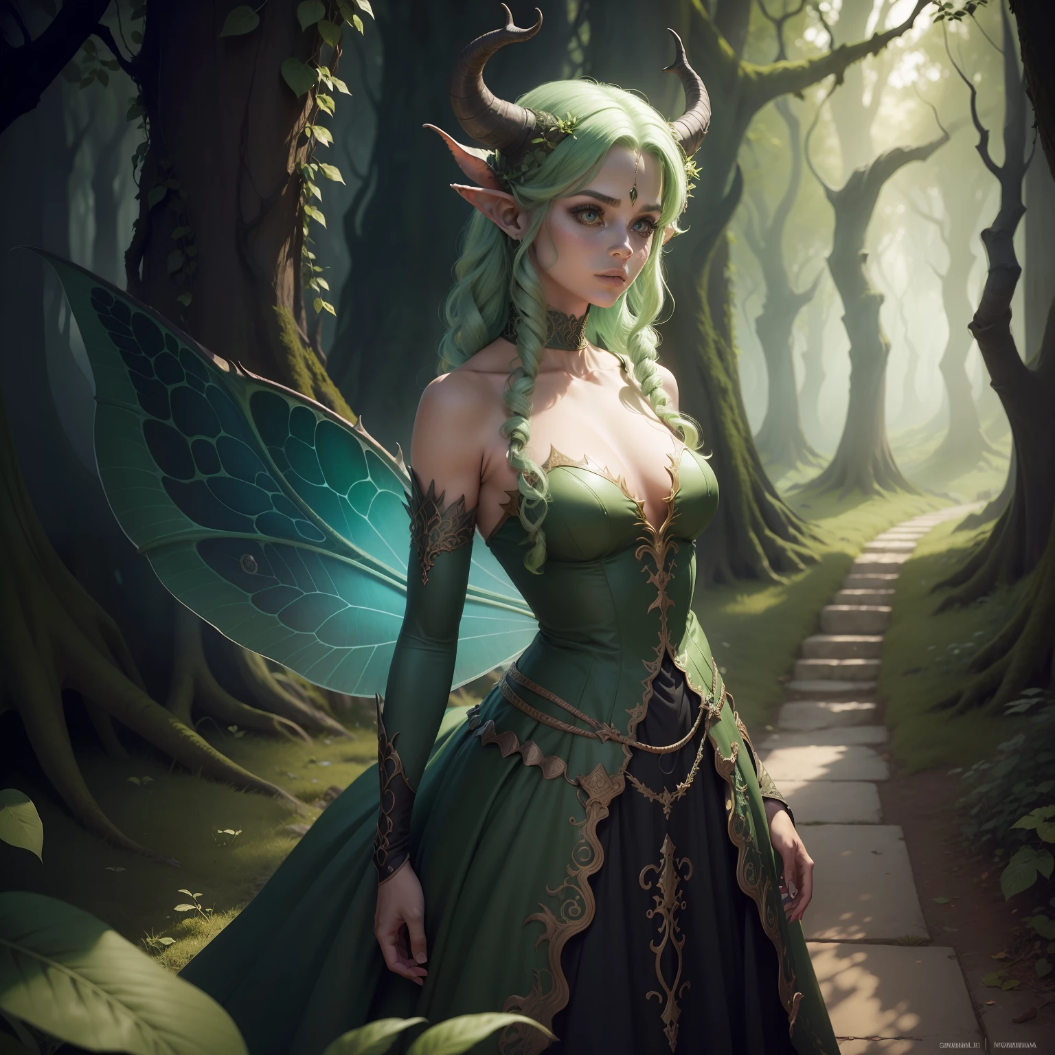 a non-human reptilian fairy, beautiful-looking, com asas verdes camufladas e cabelos brancos, vestida com roupas medievais, Reference Guilherme Del Toro Art Labyrinth of the Faun