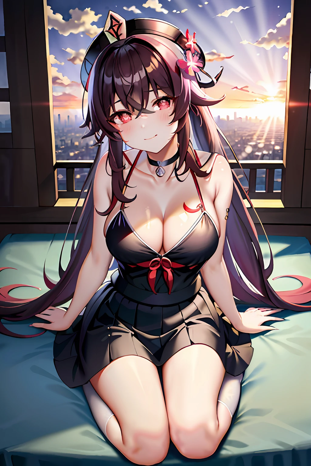 (((masterpiece))),bestquality,illustration,hutao\(genshin\),1girl,full body,standing,(red eyes),(Plum eyes),(beautifuldetailedeyes),cute face,aqua eyes, Looking at the audience,Expressionless eyes,crying with eyes open,teardrop,grieves,scowling,closing the mouth,Navy blue serafuku,pleatedskirt,White stockings,uwabaki,耳Nipple Ring,choker necklace,sitted,eventide,the sunset,Skysky,view over city,scenecy,Beautiful detailed sky,tmasterpiece,A high resolution,best qualtiy,,ssmile,Wear a bikini swimsuit,Lie down in bed