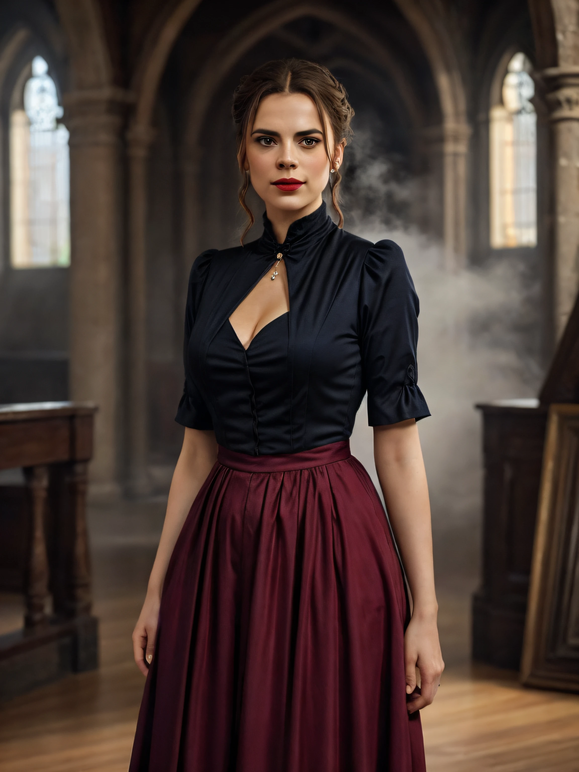 (Thirty year old) woman, standing, wearing a (floor length scarlet red Victorian dress:1.2), beautiful legs, dreamy photo, looking straight at camera, slight smile, blood red lips, dark eye make-up, beautiful gothic building, cloisters, Victorian gothic, gothic architecture, misty, andre kohn, Canon, (Detailed features::1.2), real life. Hayley Atwell, intricate, 8k, highly detailed, (extremely detailed CG unity 8k wallpaper), ((square jaw)), (well defined jaw), (downturned lips), (detailed anatomy), Hyperrealistic full shot body image, trending on CGSociety, Intricate, High Detail, Sharp focus, dramatic, volumetric lighting, digital painting, intense, modelshoot style, (extremely detailed CG unity 8k wallpaper), full shot body photo of the most beautiful artwork in the world, pearl skin, professional majestic oil painting by Ed Blinkey, Atey Ghailan, Studio Ghibli, by Jeremy Mann, Greg Manchess, Antonio Moro, trending on ArtStation, photorealistic painting art by midjourney and greg Rutkowski