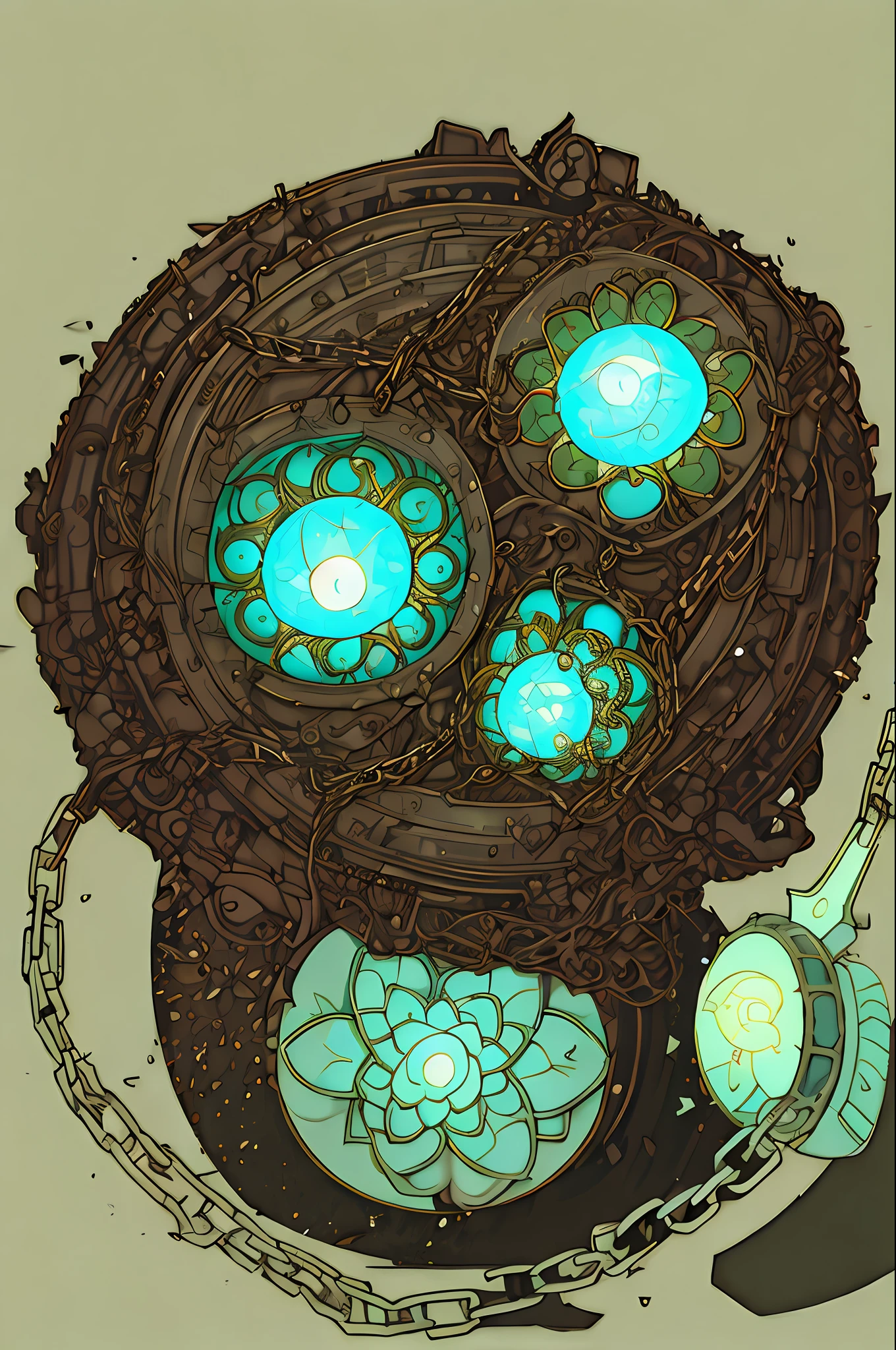 There are lotus-shaped lamps，There are two lotus flowers above and below that come together like a gourd, There is a chain at the bottom with a sharp knife，detailed steampunk illustration, Golden turquoise beads，Detailed lotus petals with filigree patterns，Detailed chain