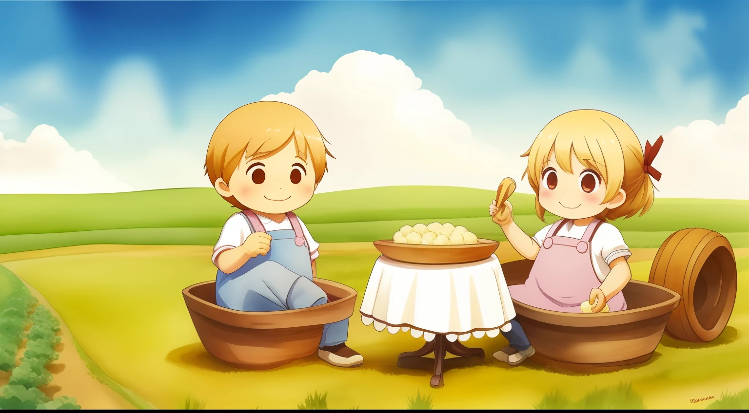 Man and woman happily eating mashed potatoes in potato field,Mashed Potato Party,Potato Yuru character dancing with a smile,Showa Sense,top-quality,watercolor paiting
