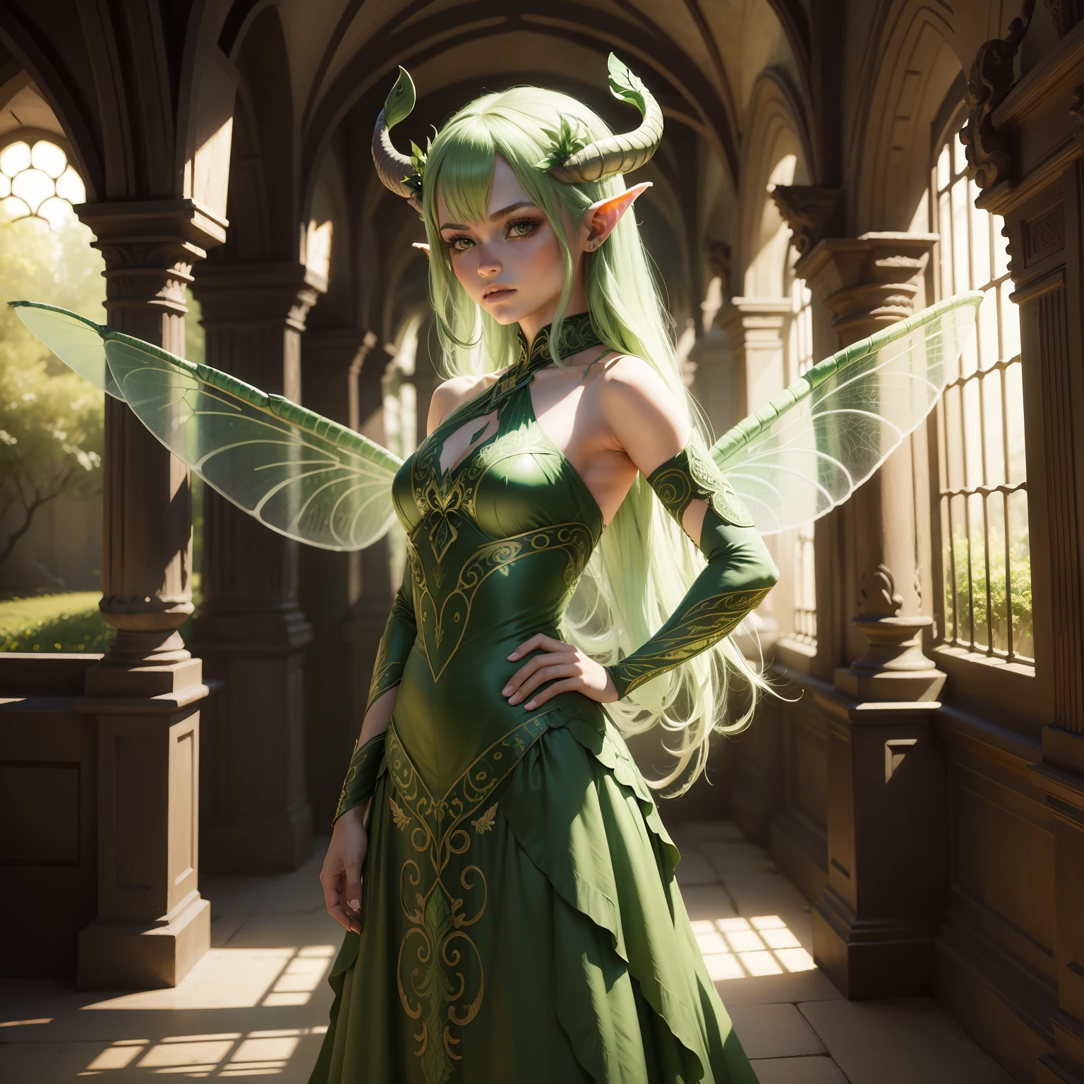 A reptilian fairy with green dragonfly wings, cabelos brancos, vestida com roupas medievais, Reference Art Labyrinth of the Faun, art style