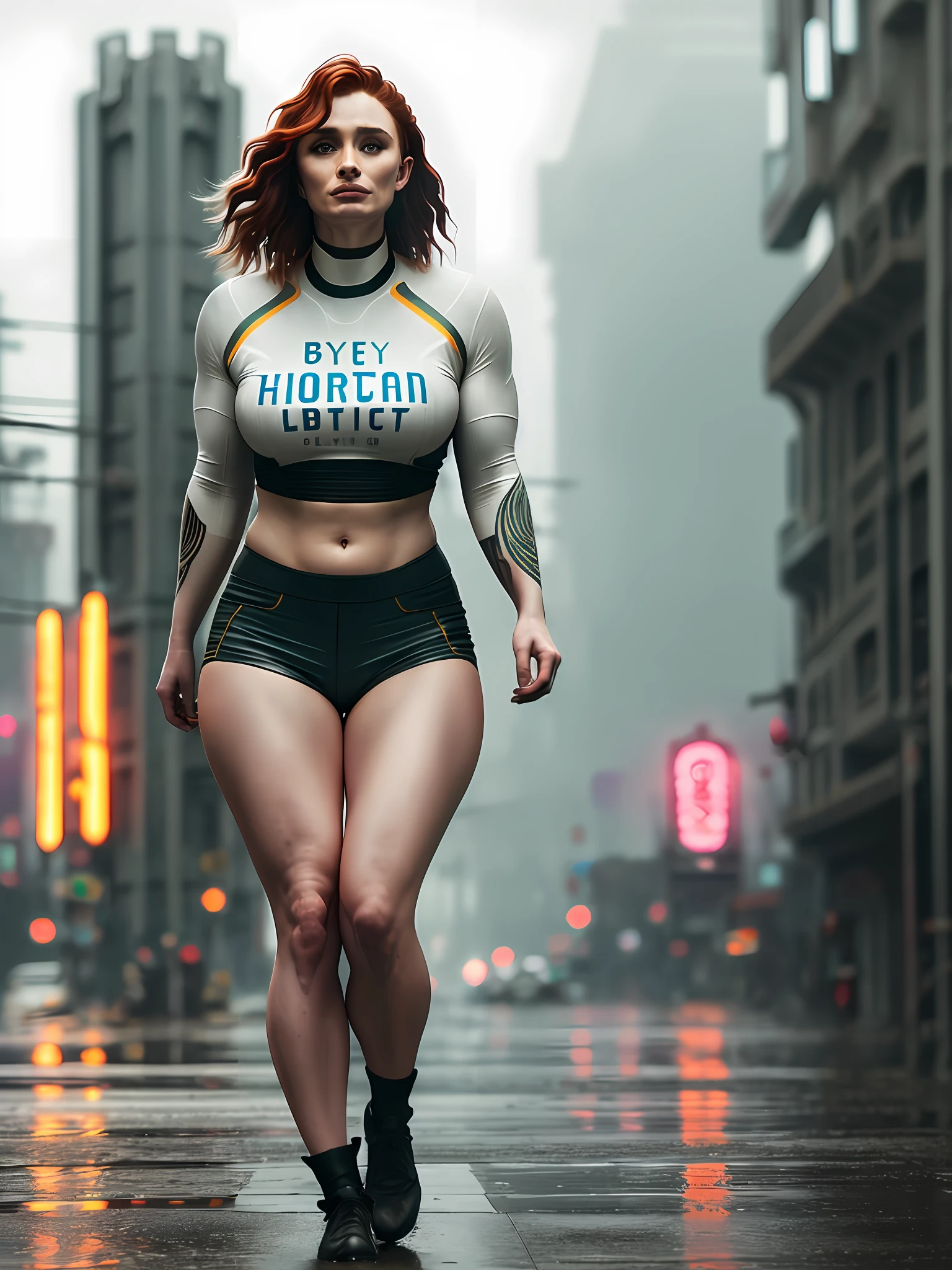 gorgeous woman with wavy hair(((Bryce Dallas Howard))) detailed alluring eyes Thigh gap long sexy legs wearing tiny shorts tshirt in beautiful futuristic cyberpunk+ city, mist, wet, raining, best quality masterpiece, photorealistic, detailed, 8k, HDR, shallow depth of field, broad light, high contrast, backlighting, bloom, light sparkles, chromatic aberration, sharp focus, RAW color photo
