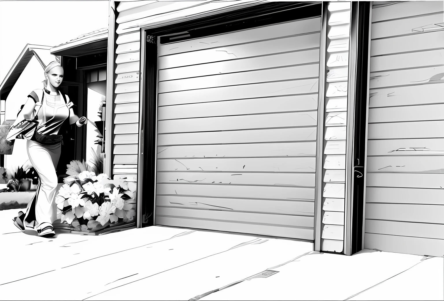 There is a black and white photo of a woman carrying a purse, um hiper realista, a digital rendering, an ambient occlusion render, em frente a uma garagem, cena colorkey, Cena realista, concept piece, cena hiper detalhada, Ambient occlusion:3, [ [ hiper-realista ] ], ambient occlusion render, ambient reflective occlusion, conceitual