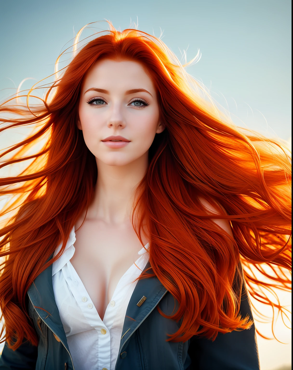 Redhead Woman, in the sky, with flowing hair, skin texture, the lights of a sun, detail face, detail backgrounds little blur, natural lights, HDR, photo realistic, professional photo, flirt with the viewer, wind
