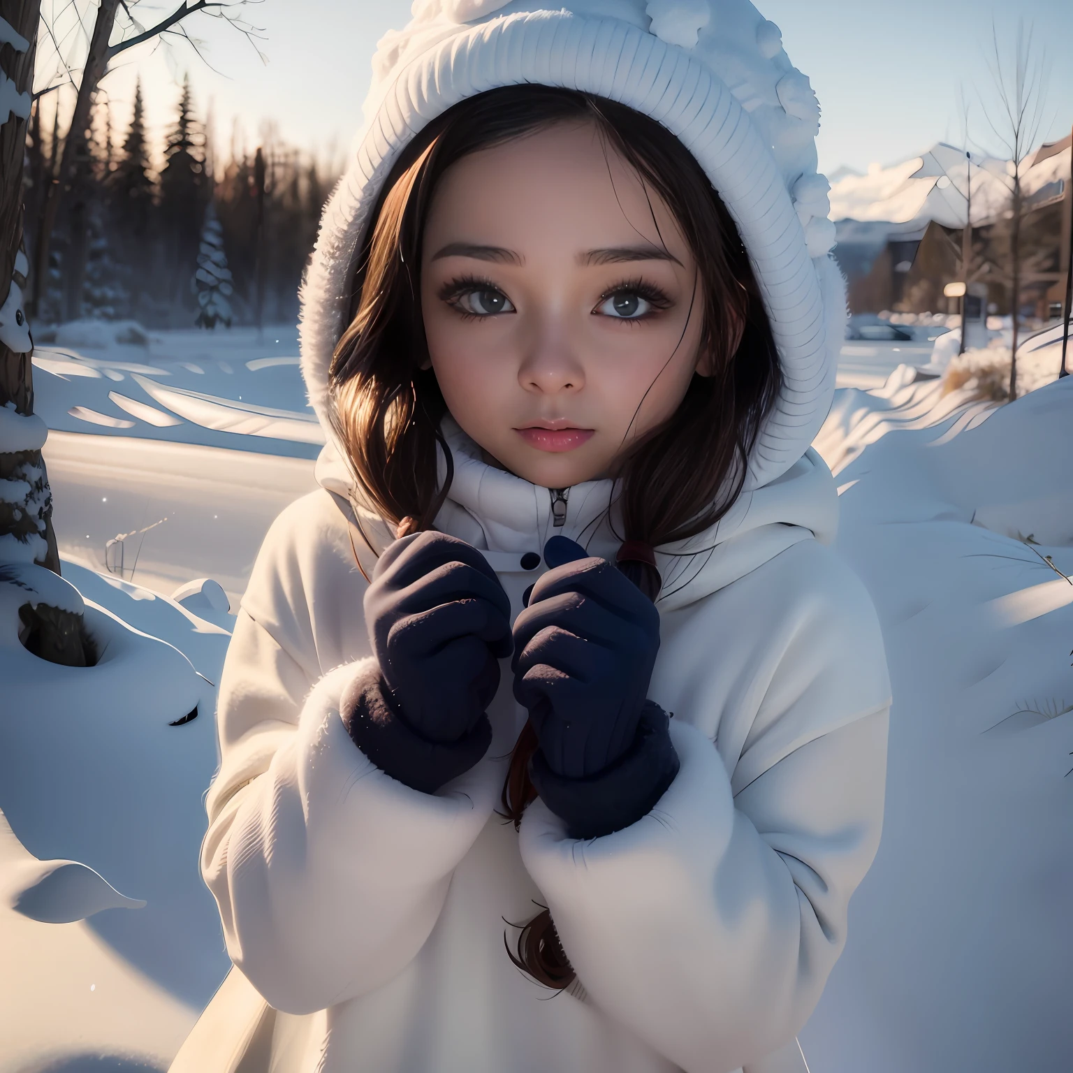 There's a young woman wearing a white coat and gloves, foto retrato suave 8 k, painting digital adorable, lindos olhos grandes luz, 8k portrait render, kawaii retrato realista, anime fotorrealista, olhos grandes detalhados, photorealistic anime girl rendering, 3 d anime realista, anime hiper realista, arte digital detalhada bonito, bonito 3 d render, Personagem pequeno. Motor Unreal 5