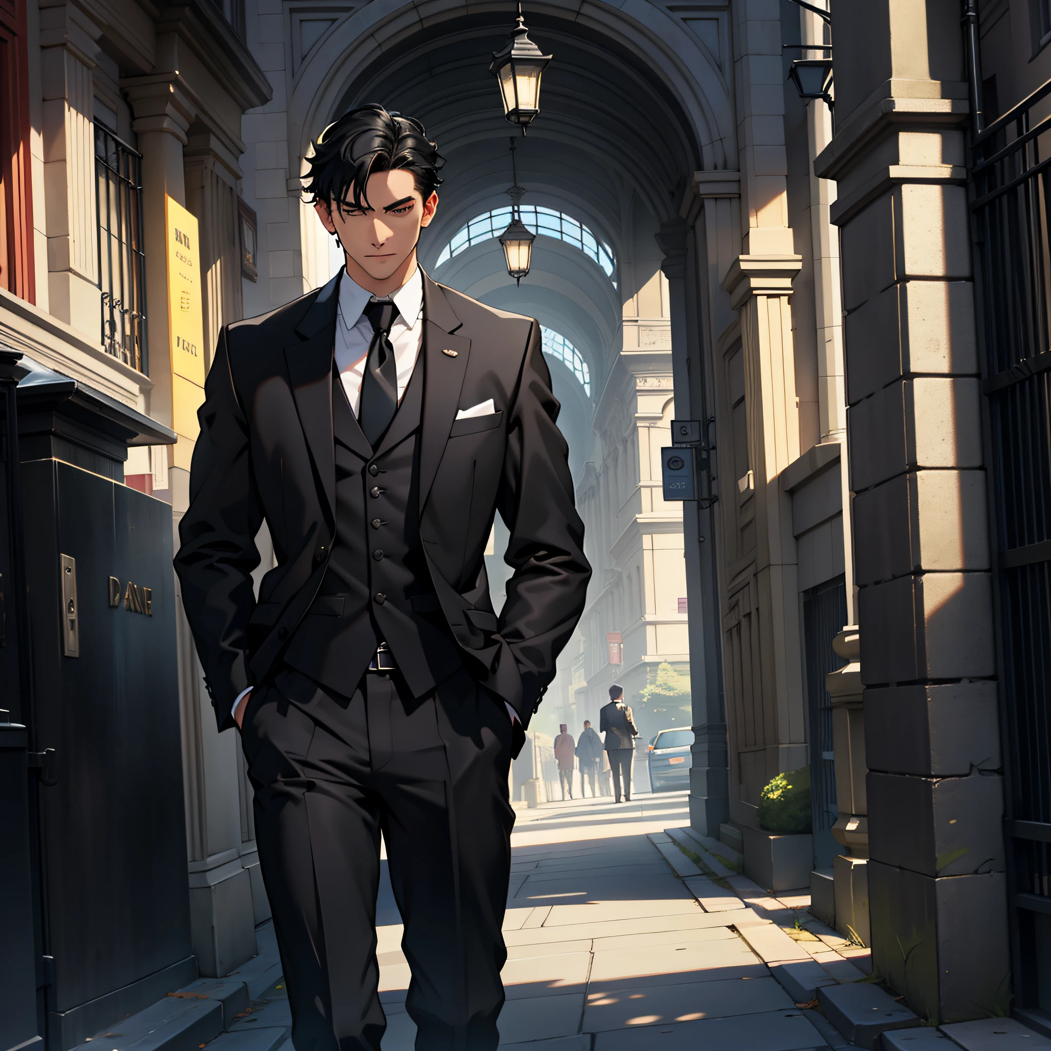 A young man with short black hair in a black suit was standing opposite the bank，Facing the bank gate，Face away from the camera