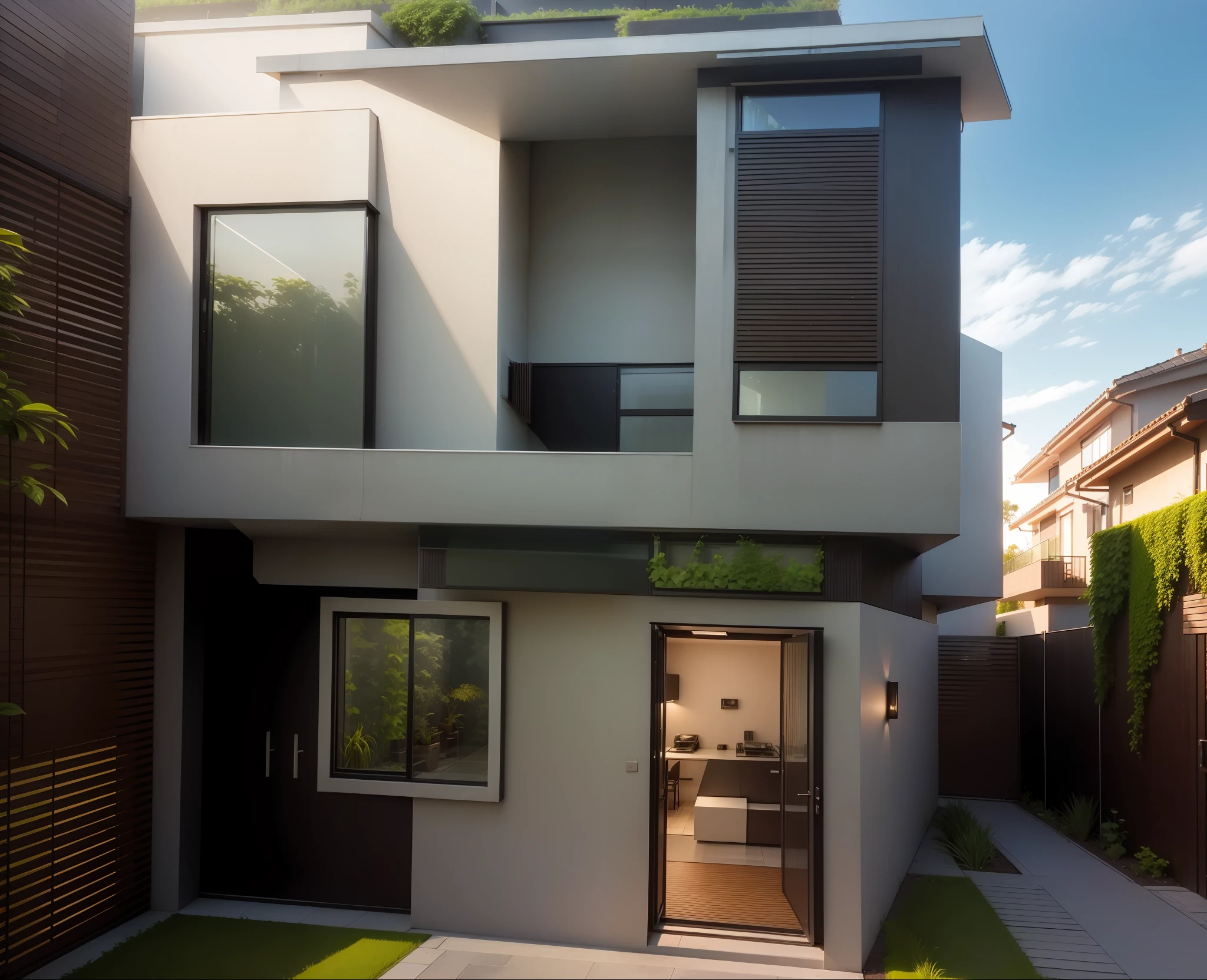 Modern exterior architecture, glass window , lawn , plants , little garden , improve quality, 4k image, bright colours