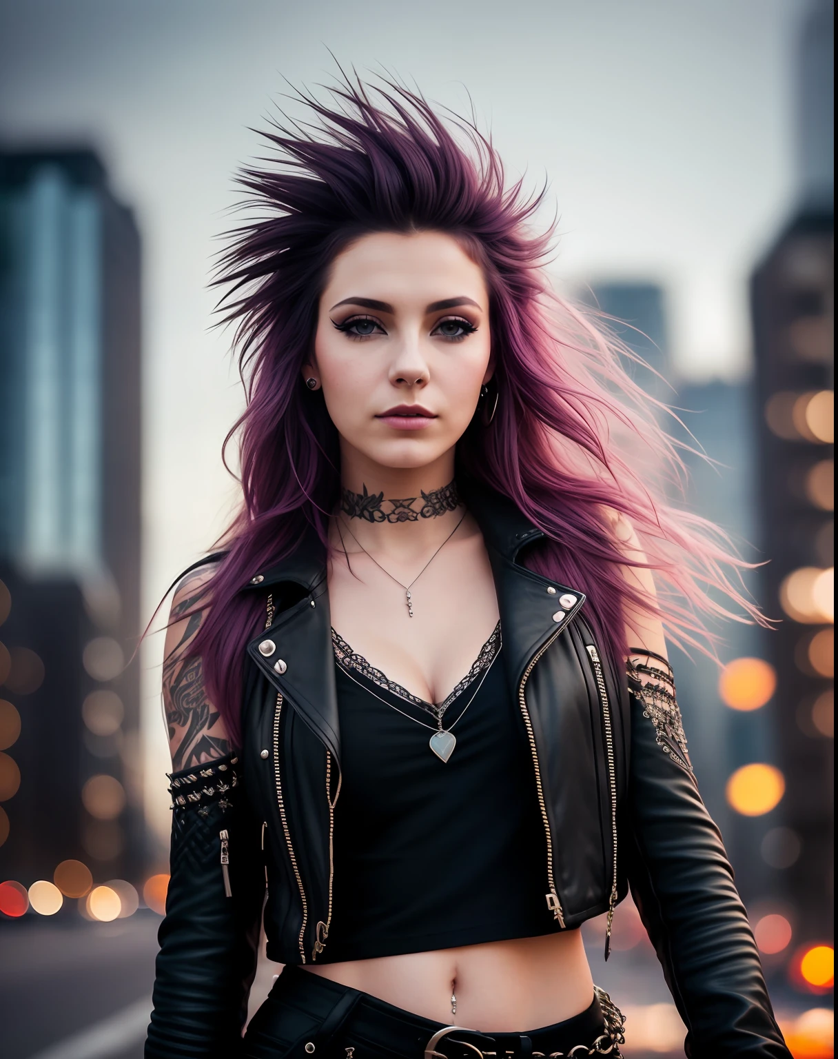 Punk Woman, in the sky, with flowing hair, skin texture, the lights of a city, detail face, detail backgrounds little blur, natural lights, HDR, photo realistic, professional photo, flirt with the viewer, wind