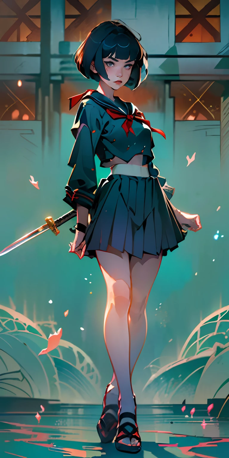 (best quality, masterpiece), 1girl, 12 year age, samurai sword, (((dark blue costume))) ((red ribbon)) ((very short bobcut hair, jetblack hair,particle, wind, looking at viewer, school sailor costume, thin body, monsters in background, backlighting, ((whole body)), pose, dark alley