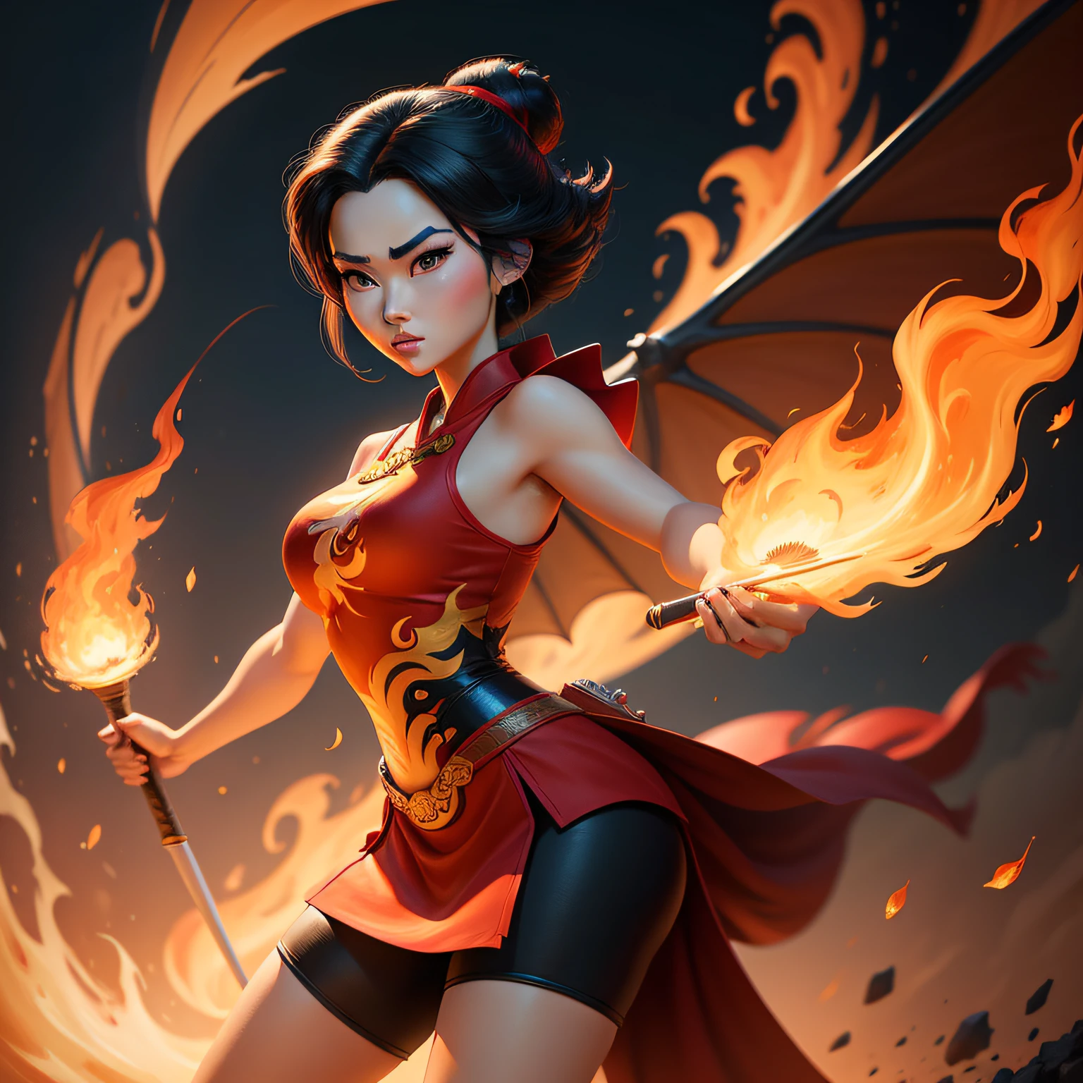 cartoon digital painting, pixar art style, mulan, with flames, anthropomorphic dragon