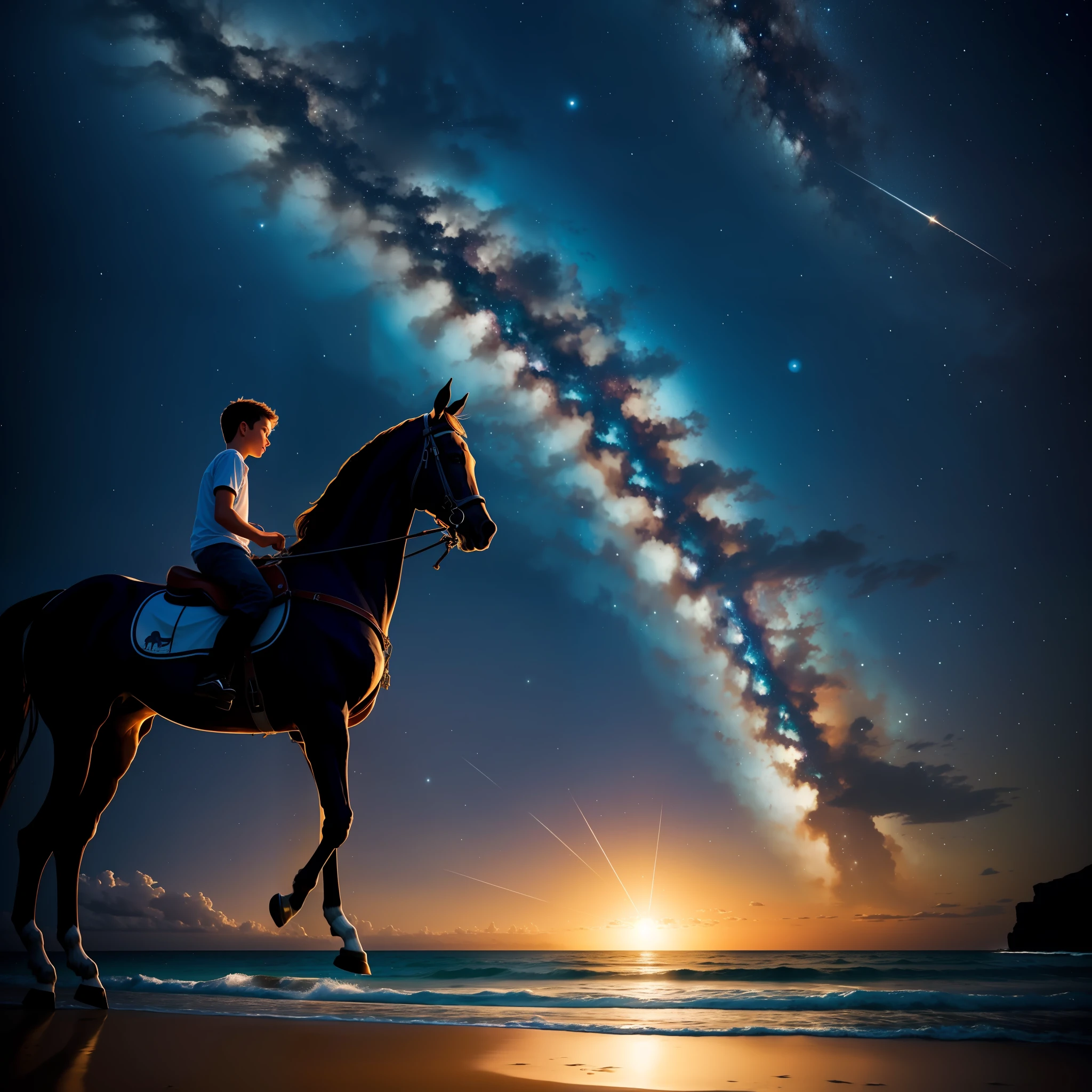 Masterpiece, hd quality, high resolution, realistic, beach, milky way, night, HDR, sea, full colour, ship, Comet, ultra graphic, beautiful, nice waves, more milky way, 1boy, Riding a horse, sunset