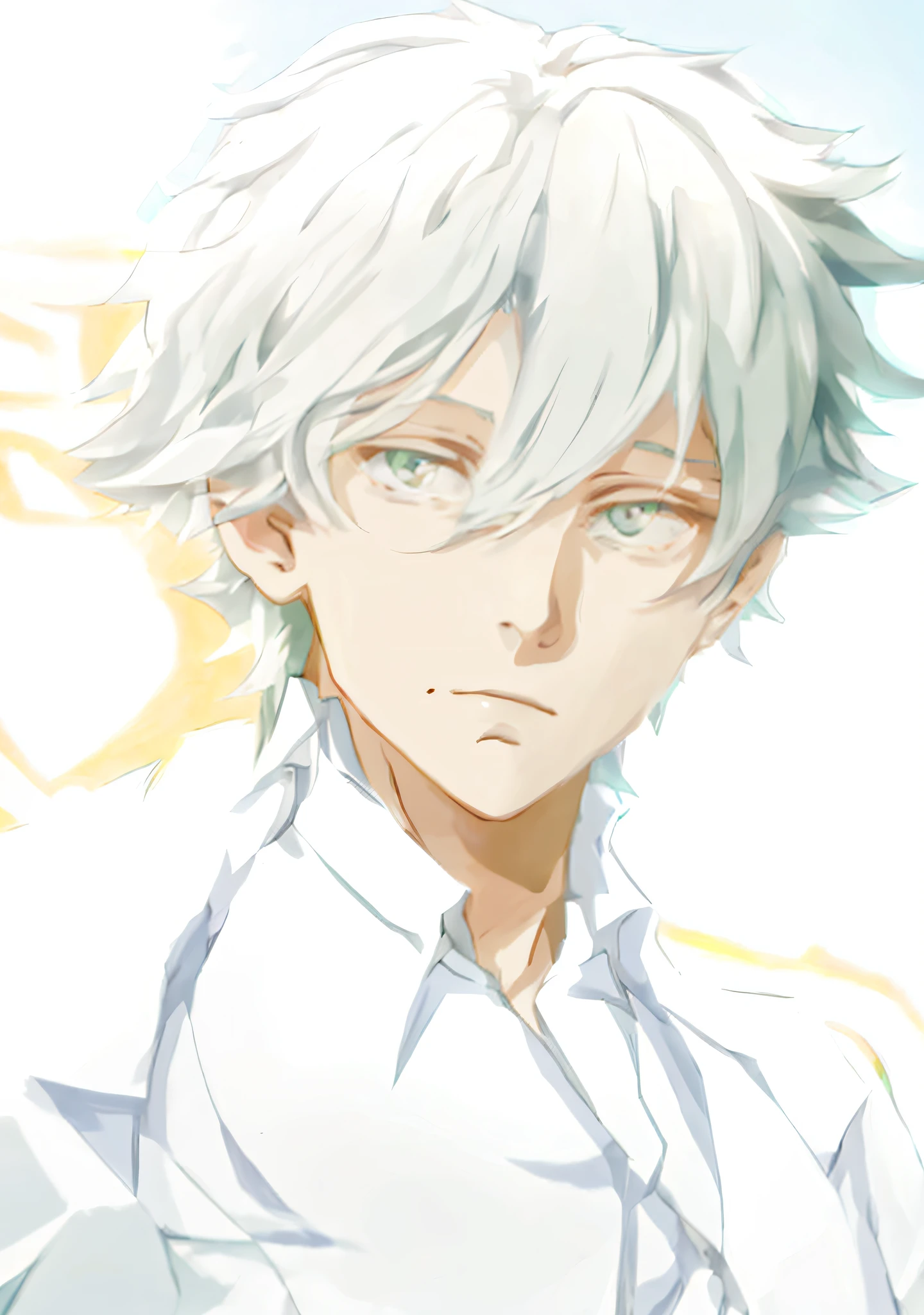 Anime boy with green eyes and white hair, vector shaded anime, Detailed anime soft face, young anime man, he has dark grey hairs, kaworu nagisa, semi realistic anime, in an anime style, male anime character, Perfect anime face, as an anime character, cel shaded anime, whaite hair, a silver haired mad, face anime portrait