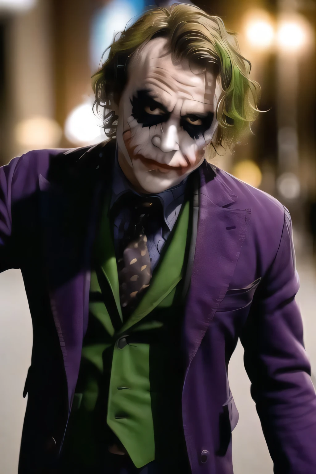 (Night:1.7), CityView, (from_front:1.4),(Close-Up:1.5),(Face_focus:1.7),(looking_at_viewer:1.9),
Standing in Street,
Purple_suit,Purple_jacket,Green_shirt,collar,necktie,
Joker,Green_hair,1 old_Man, 50yo,male,looking at viewer,(angry:1.0),
NSFW,official art,extremely detailed CG unity 8k wallpaper, perfect lighting,Colorful, Bright_Front_face_Lighting,
(masterpiece:1.0),(best_quality:1.0), ultra high res,4K,ultra-detailed,
photography, 8K, HDR, highres, absurdres:1.2, Kodak portra 400, film grain, blurry background, bokeh:1.2, lens flare, (vibrant_color:1.2)