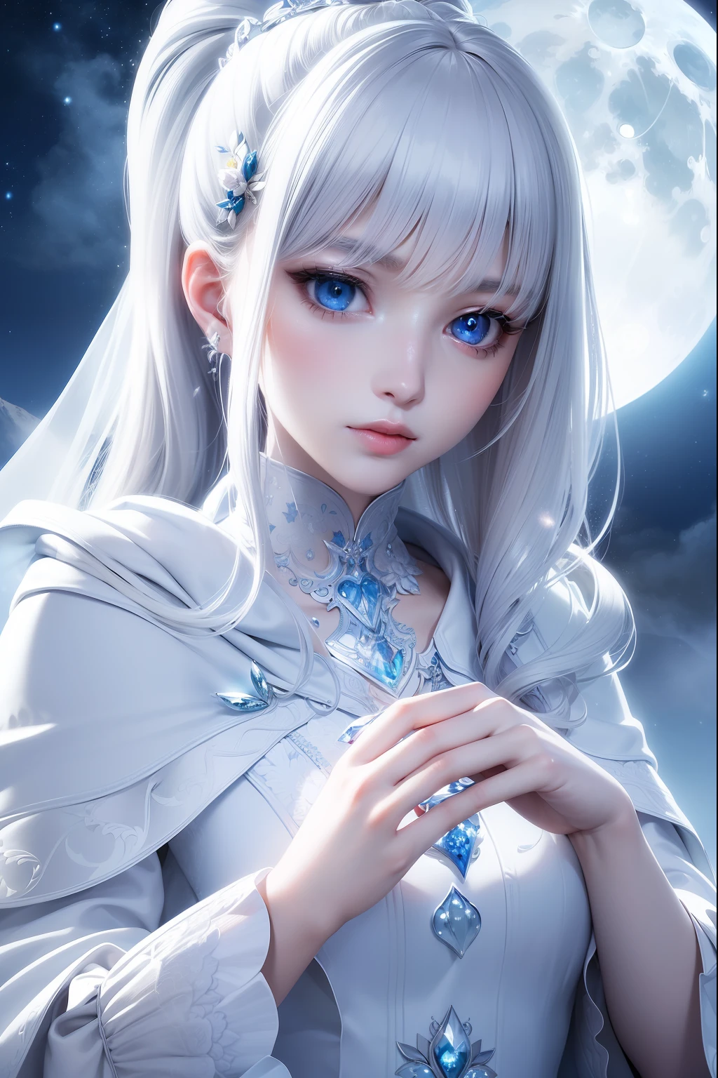 masterpiece, (best quality:1.2), (ultra-detailed:1.2), illustration, (an extremely delicate and beautiful:1.2),cinematic angle,floating, (beautiful detailed eyes:1.1), (detailed light:1.1),cinematic lighting, beautifully detailed sky, women, white hair, blue eyes, (high ponytail:1.1), cloak, glowing eyes, (moon:1.2), (moonlight:1.1), starry sky, (lighting particle:1.1), fog, snow painting, sketch, bloom