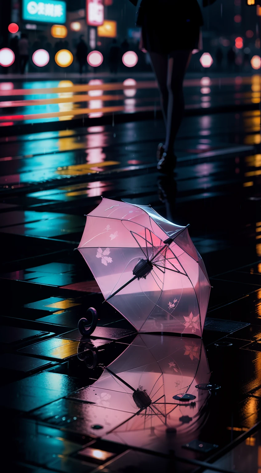 A transparent umbrella lying on the floor, Tokyo City, reflections on the floor, neon lights, Chuva, WATER DRIPS, anime scenery