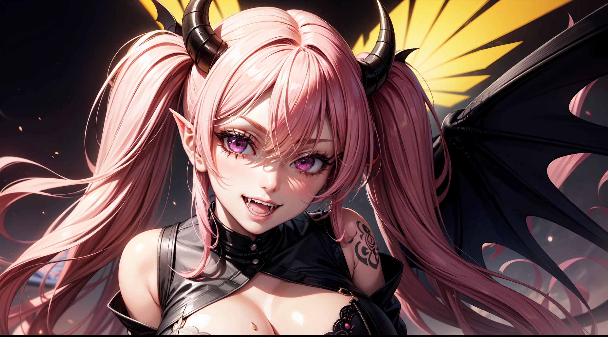 4k, twin tails ,Lens flare, pink hair ,mascara, eyeliner, god rays, 4k, 8k, best quality, masterpiece, hyper detailed, intricate detail, 1girl, solo, detailed, Detailed fuschia hair ++, detailed pink eyes ++, raytracing, perfect shadow, highres, enhanced eyes, huge breasts, horns, succubus wings, succubus, womb tattoo, evil grin, narrow eyebrows, seductive, fangs, hyper detailed, interesting background, , detailed face, detailed clothing. volumptuous, colourful background, evil smile, cardigan, mini skirt,