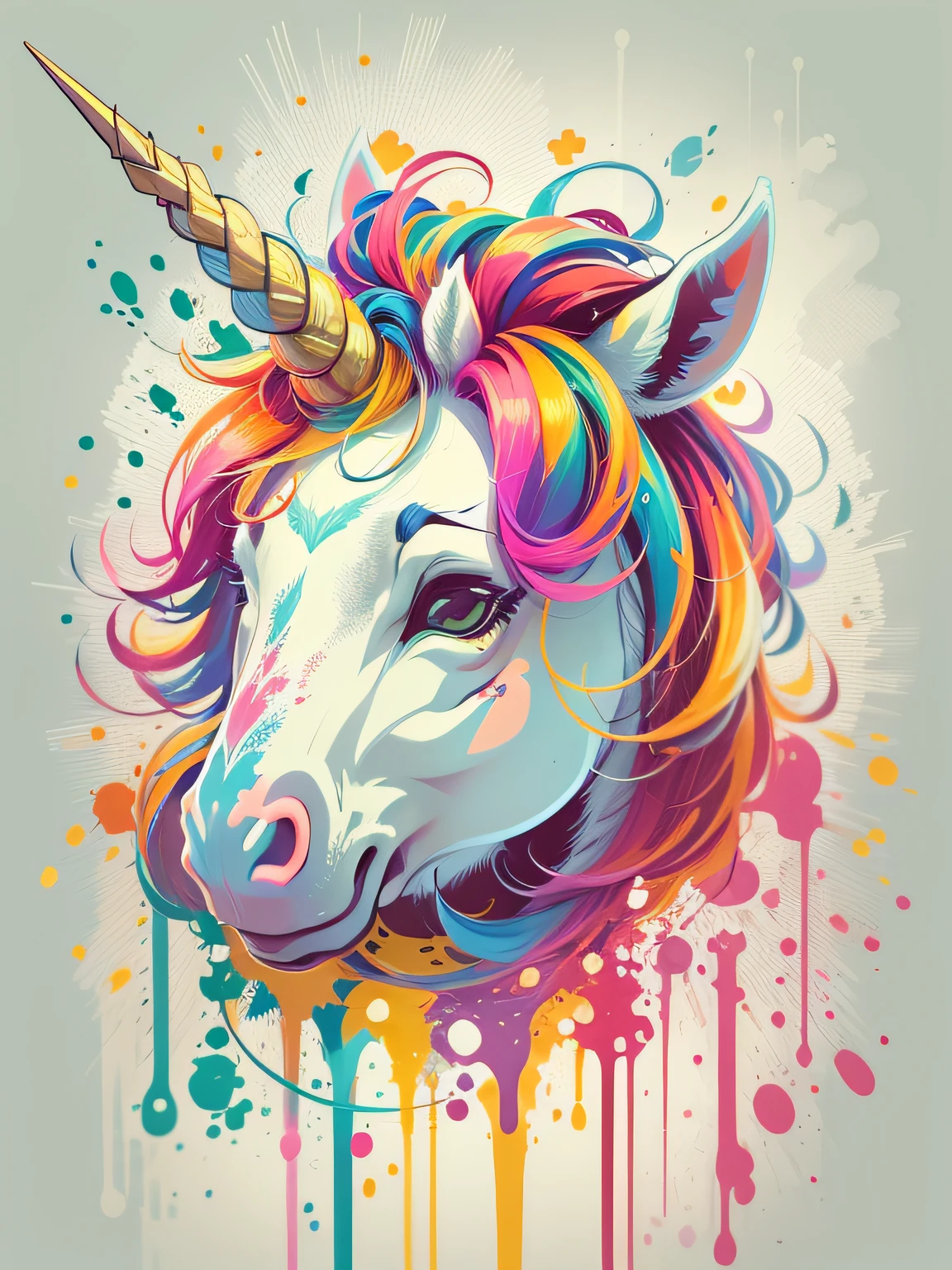 vector art, Colorful graffiti illustration of cute little unicorn, Bright colors, paint splashes and blots, high detail, whitebackground