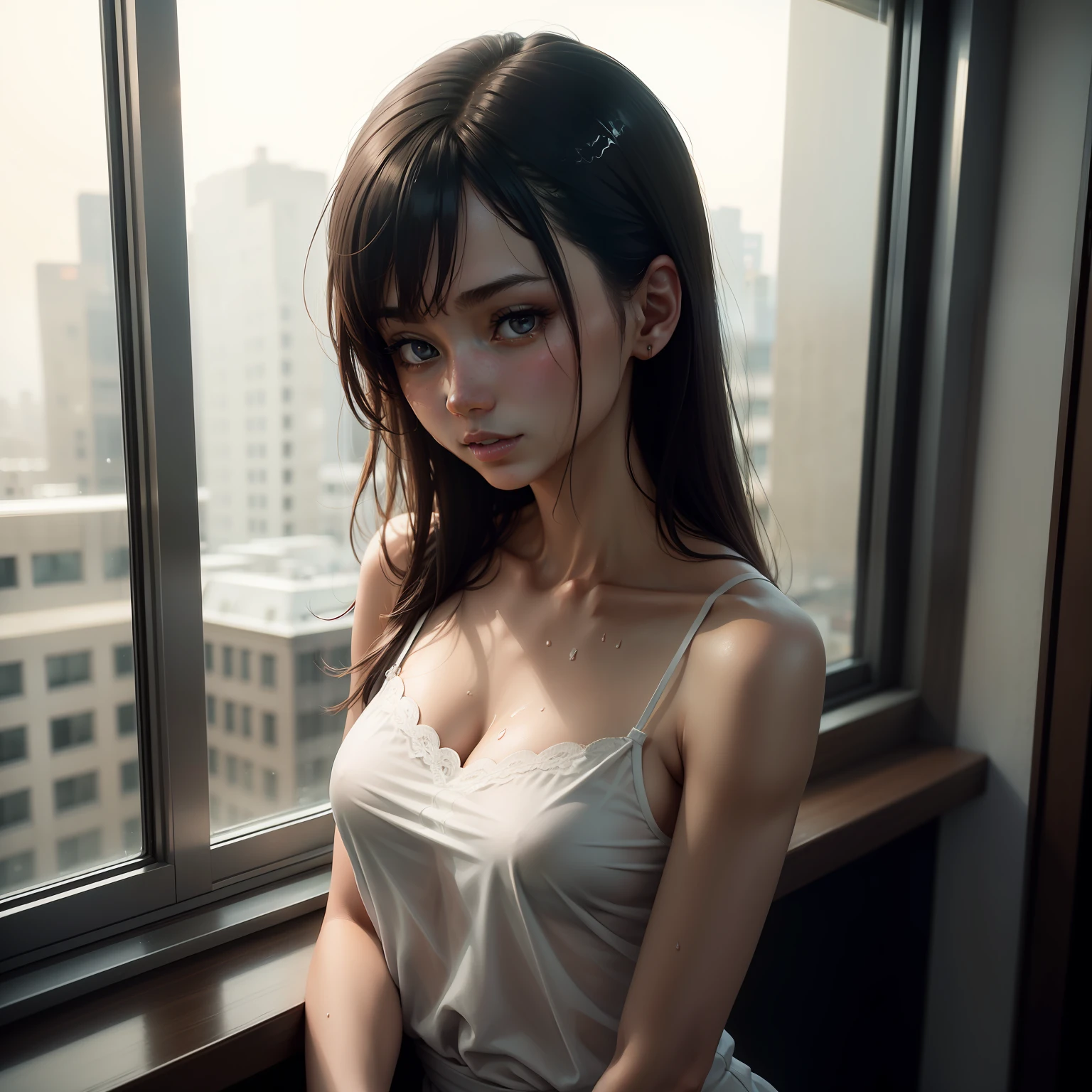 slimfigure, camisole,Lace,Wet,full bodyesbian, Solo girl,A detailed face ,small busts, photore, realisticlying, best qualtiy, adopted, 详细的脸, Business hotel room window, building from window, detailedbackground, Diffused sunlight, depth of fields, Bokeh