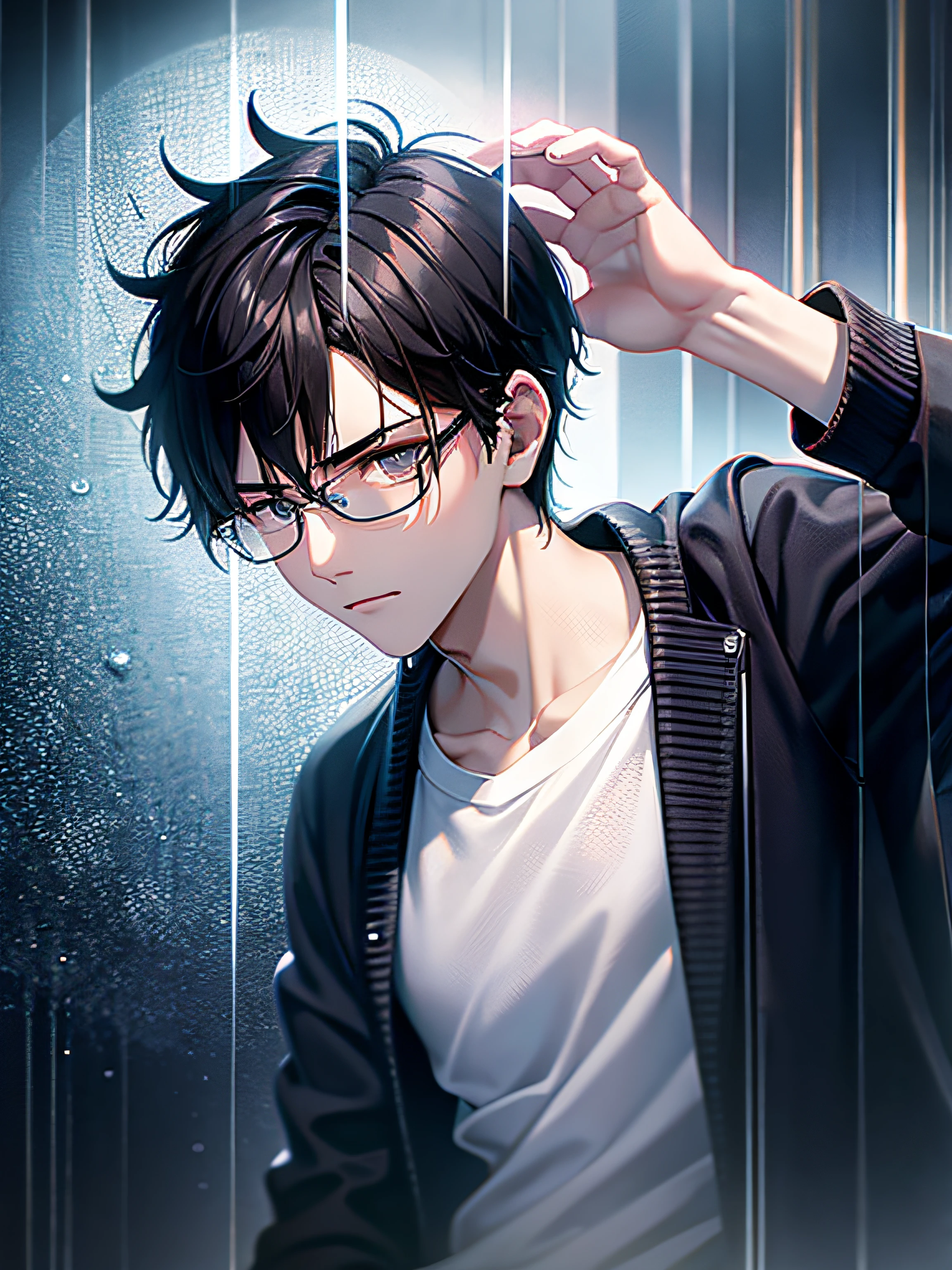 a teenager male, black hair, wear glasses, shirt, pants, dark night, heavy rain, lake, fog, lonely, eye reflection, streaming tears, panorama, ray tracing, reflection light, chiaroscuro, cinematic lighting, depth of field, masterpiece, best quality, high details, highres, ccurate, textured skin, high quality, UHD, HD