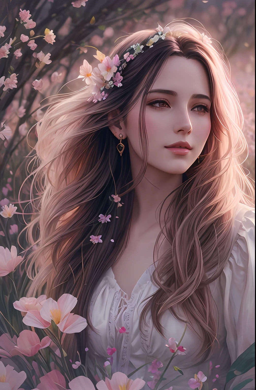 arafed image of a woman with long hair and earrings in a field of flowers, 🌺 cgsociety, artwork in the style  beautiful digital illustration, beautiful digital artwork, in the art style of bowater, the style of wlop