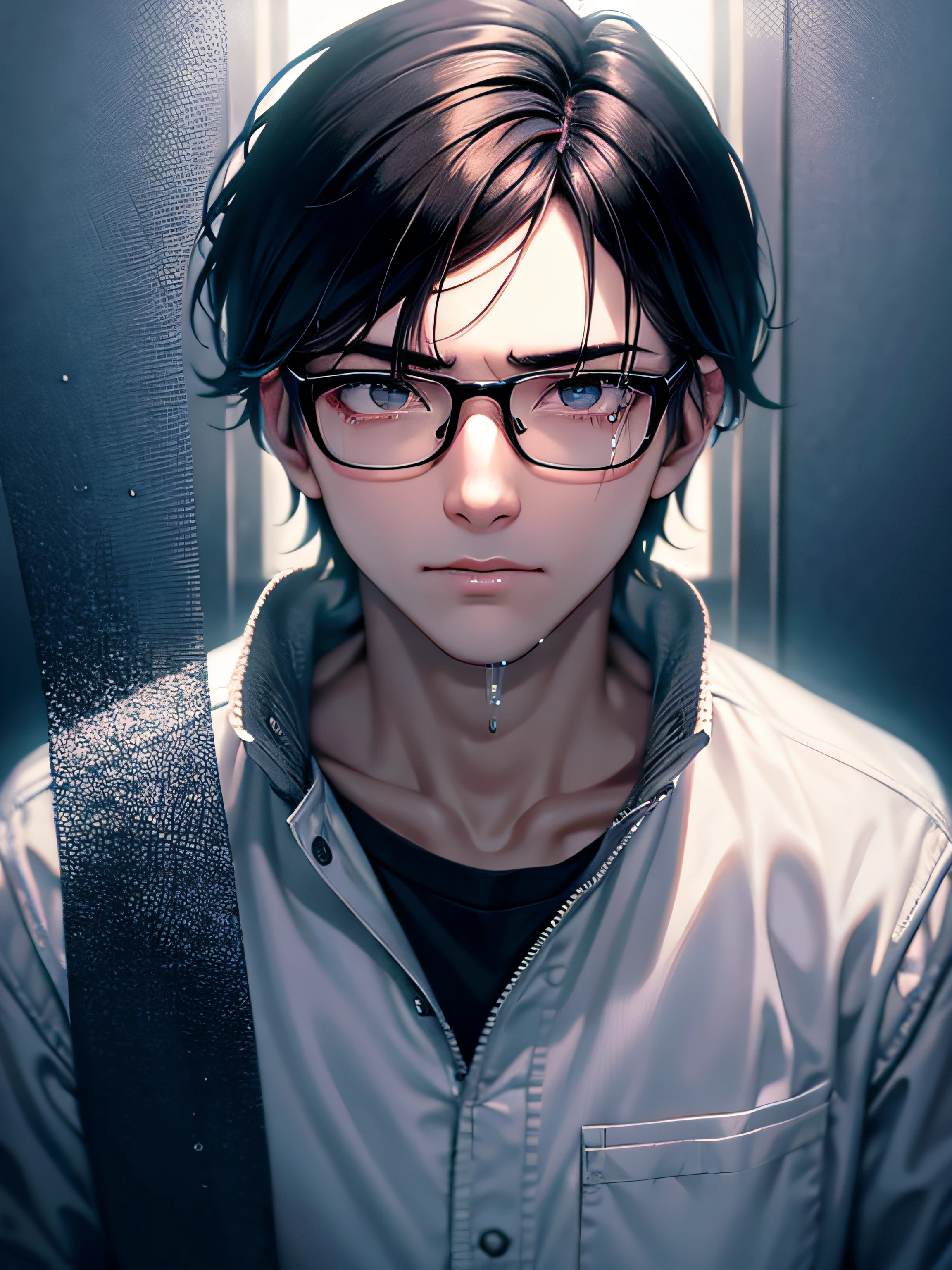 a ager male, black hair, wear glasses, shirt, pants, dark night, heavy rain, lake, fog, lonely, eye reflection, streaming tears, panorama, ray tracing, reflection light, chiaroscuro, cinematic lighting, depth of field, masterpiece, best quality, high details, highres, ccurate, textured skin, high quality, UHD, HD