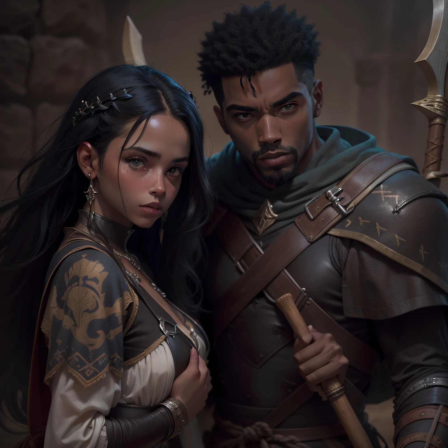 (personagem) twins, brother and sister, negro, arqueiros, arcos e flechas. (imagem super detalhada), (obra-prima), (granulado), (16k), (super-realista), (Tema Fantasia Medieval), (RPG)
