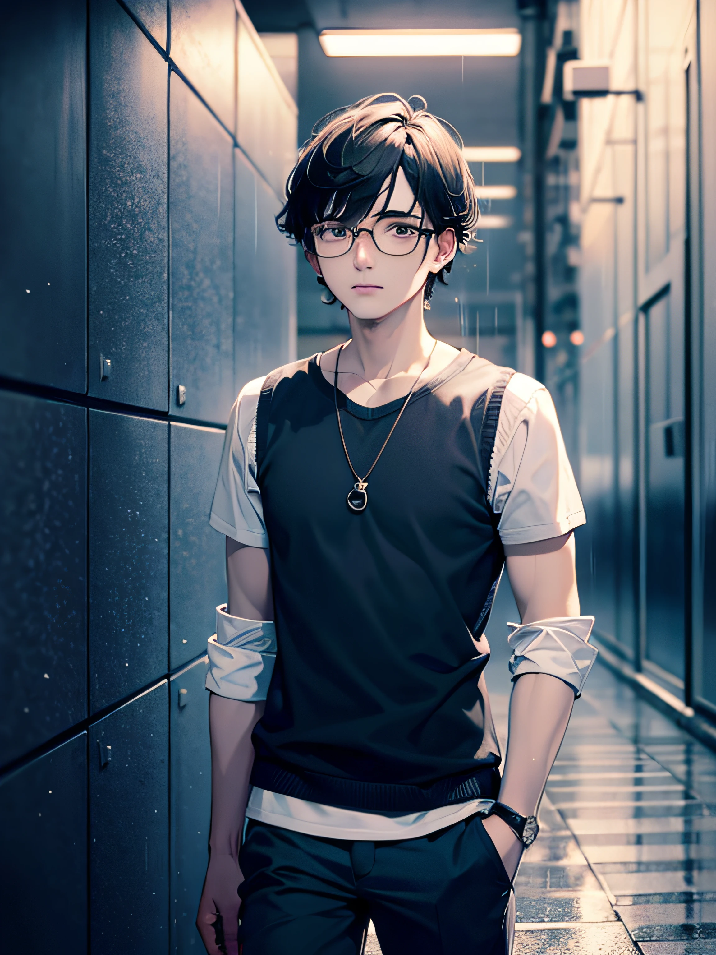 a teenager male, black hair, wear glasses, shirt, pants, dark night, heavy rain, lake, fog, lonely, eye reflection, streaming tears, panorama, ray tracing, reflection light, chiaroscuro, cinematic lighting, depth of field, masterpiece, best quality, high details, highres, ccurate, textured skin, high quality, UHD, HD