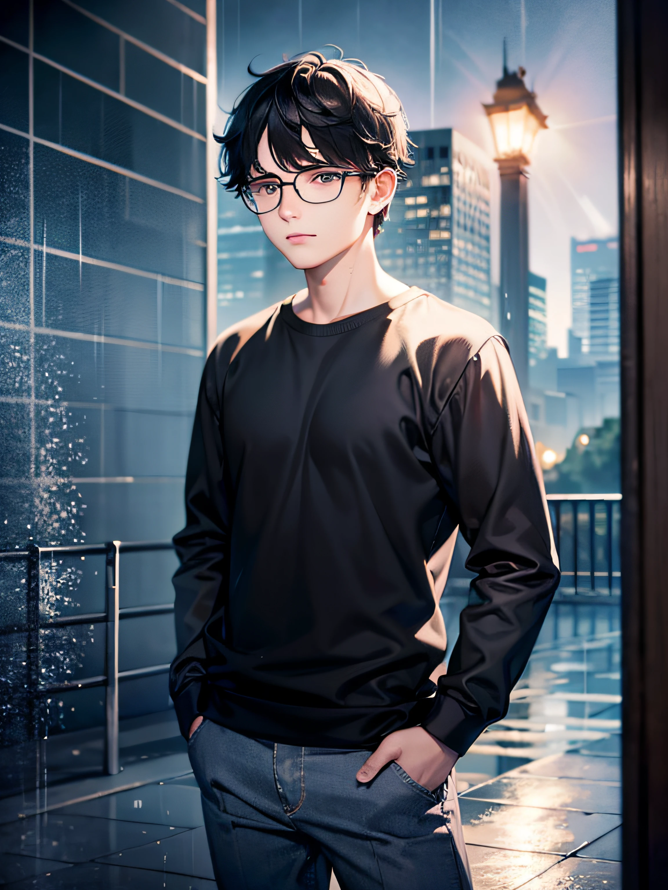 a teenager male, black hair, wear glasses, shirt, pants, dark night, heavy rain, lake, fog, lonely, eye reflection, streaming tears, panorama, ray tracing, reflection light, chiaroscuro, cinematic lighting, depth of field, masterpiece, best quality, high details, highres, ccurate, textured skin, high quality, UHD, HD