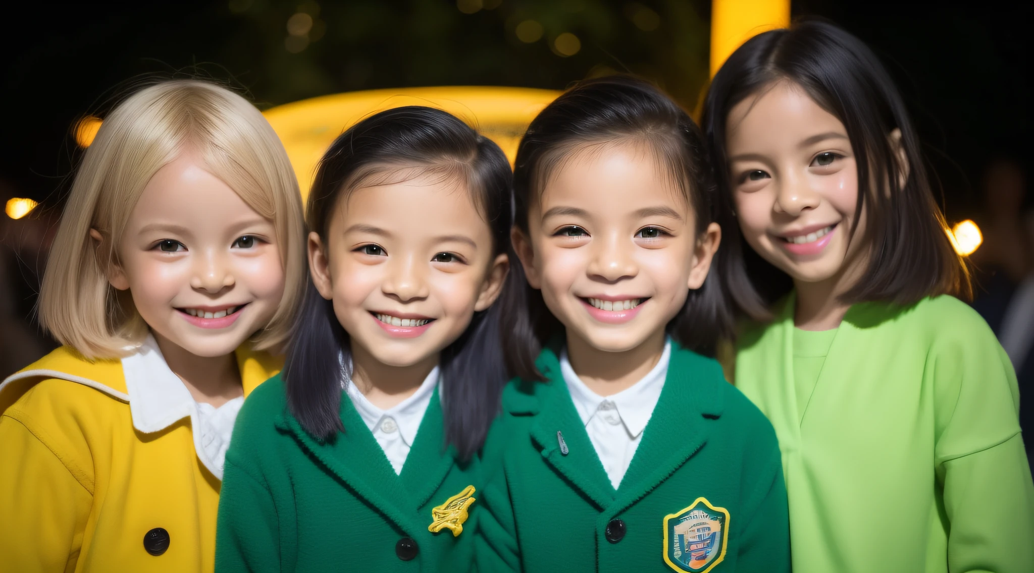 Estilo moderno, fundo branco, children's identification photo, bonito, sorridente, olhos escuros, cabelo curto, gravata borboleta,yellow jackets, de alta qualidade, soft GREEN lights in children's hair.