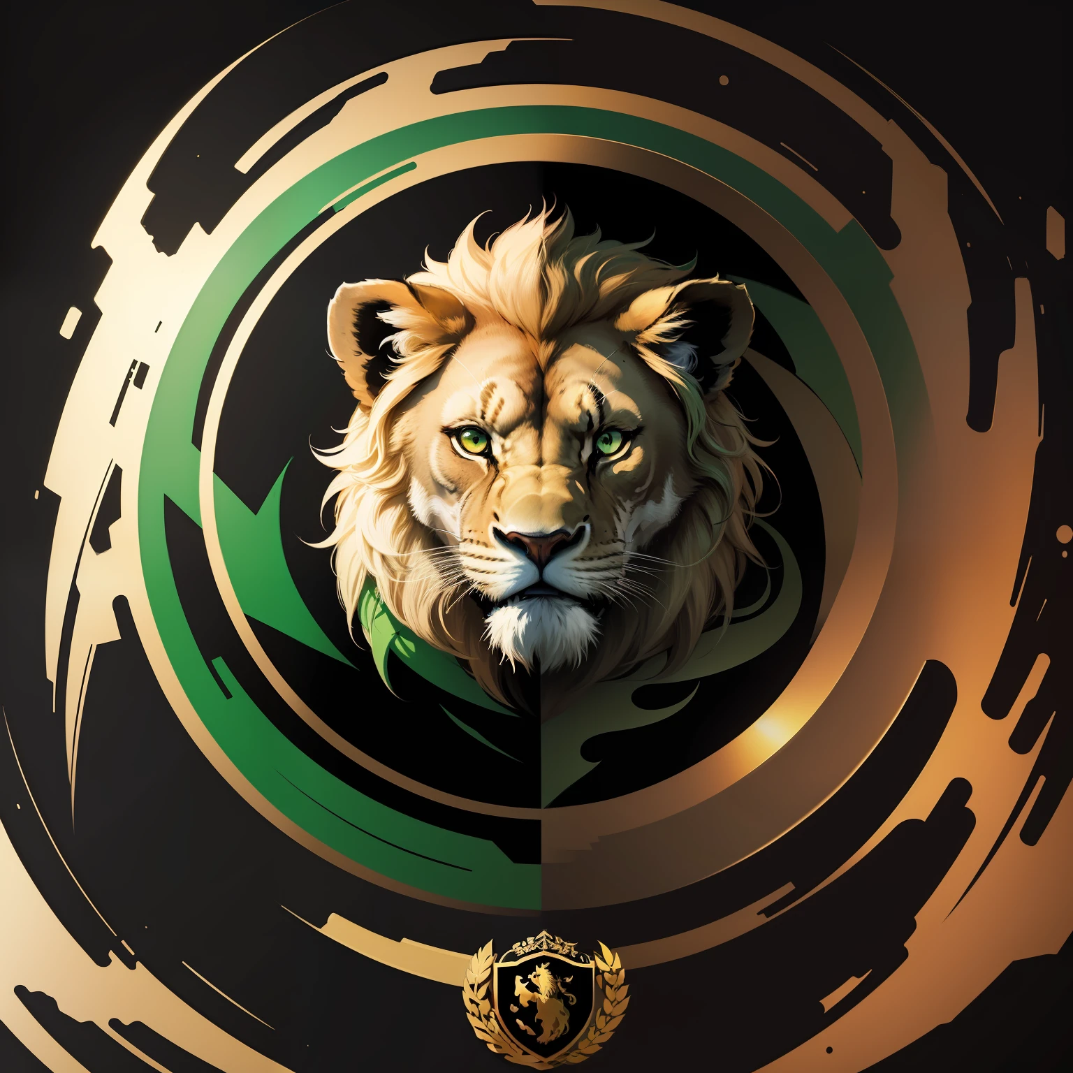 1lion(Round logo: 1.5)(Black & Green: 1.5)(Ultra High Quality,unparalleled masterpiece:1.4)(Realism:1.2),(Realisitc:1.2)(absurdres:1.2)anime style,4k,Extremely perfect pixels,Detailed,A highly detailed,digital art,Flat vector art