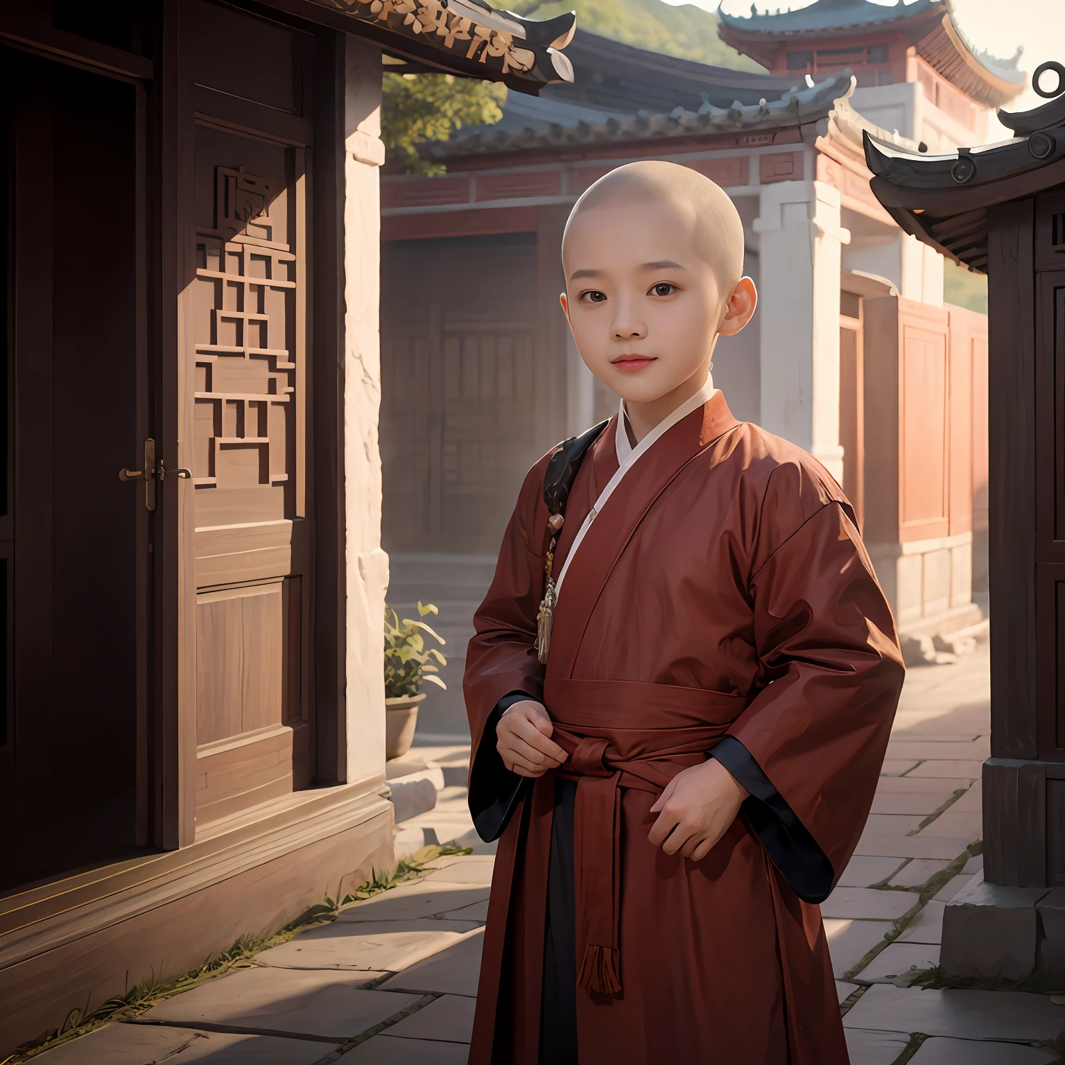 A small monk in a white robe stood in front of a building, matte painting portrait shot, avatar aang, Temple, A boy in Hanfu, portrait of monk, Chinese monk, Realistic art of monks, aang, Inspired by Zhang Weijian, monk clothes, With a smile,adolable