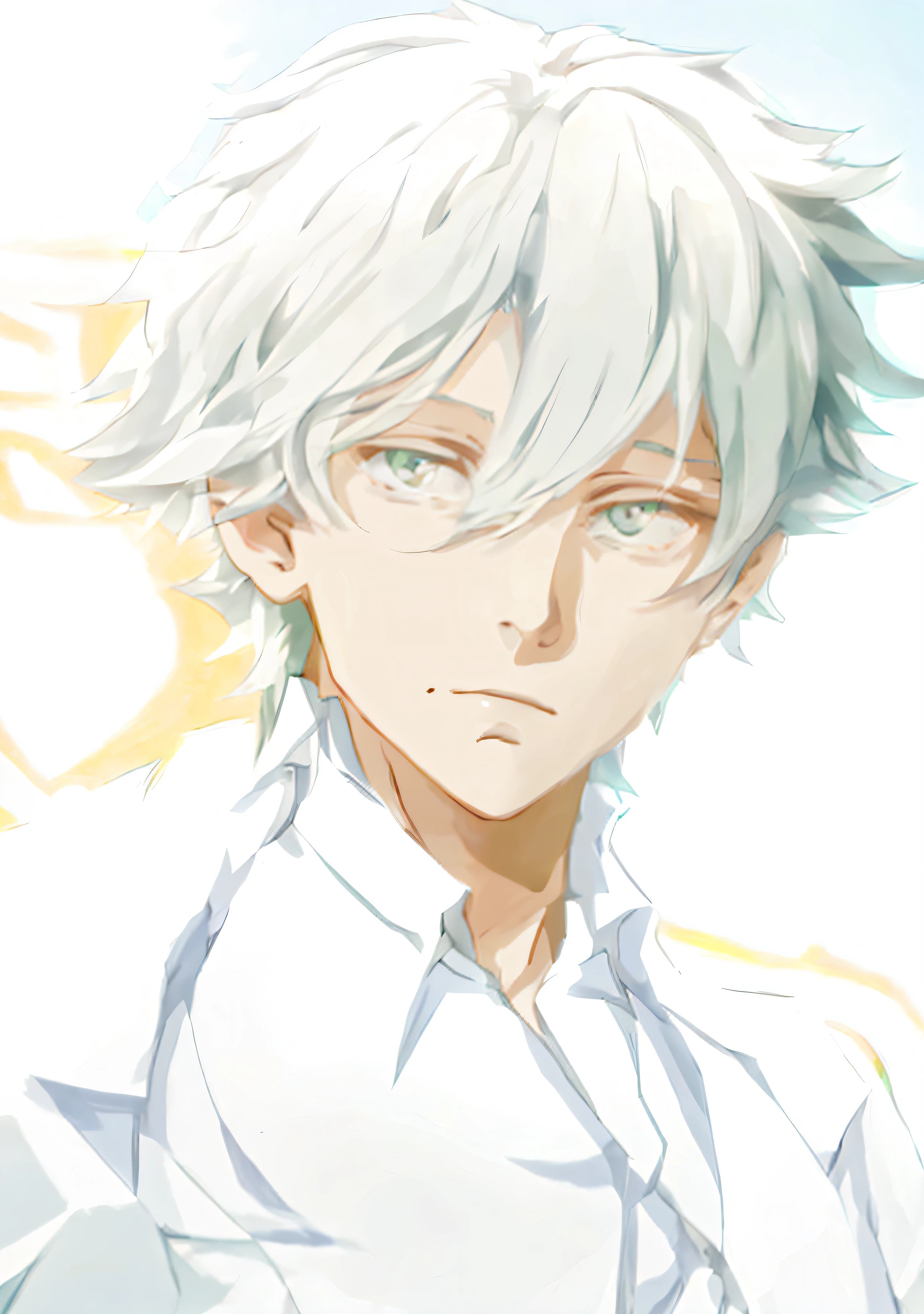 Anime boy with green eyes and white hair, vector shaded anime, Detailed anime soft face, young anime man, he has dark grey hairs, kaworu nagisa, semi realistic anime, in an anime style, male anime character, Perfect anime face, as an anime character, cel shaded anime, whaite hair, a silver haired mad, face anime portrait