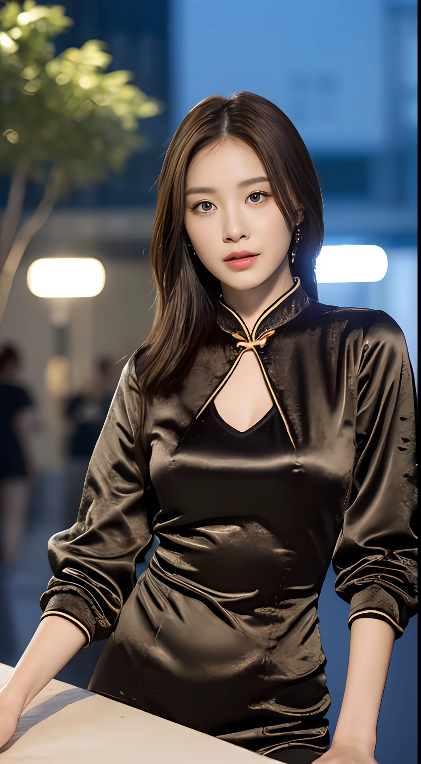 ((Realistic lighting, best qualtiy, 8k, tmasterpiece:1.3)), sharp fokus:1.2, 1girl, Beautiful Women with Perfect Figure:1.4, Slim abs:1.1, ((dark brown hair)), Ink-print jacquard cheongsam,(exteriors,during night:1.1),the city street,Ultra-fine face,Fine eyes,二重まぶた,
