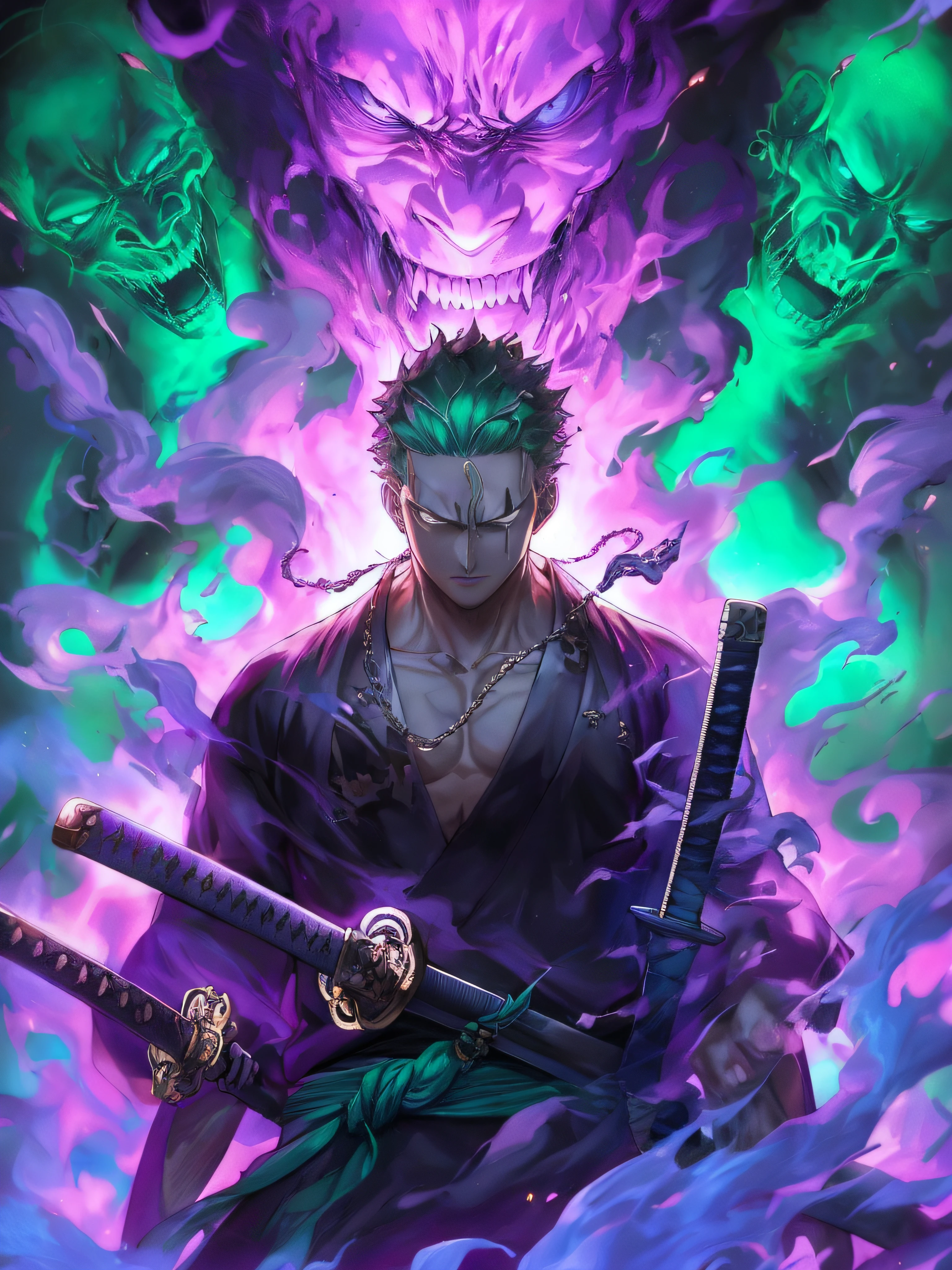 a close up of a person holding two swords in front of a demon, badass anime 8 k, roronoa zoro, handsome guy in demon slayer art, anime wallpaper 4 k, anime wallpaper 4k, 4 k manga wallpaper, anime art wallpaper 4 k, anime art wallpaper 4k, 4k anime wallpaper, anime epic artwork, anime style 4 k