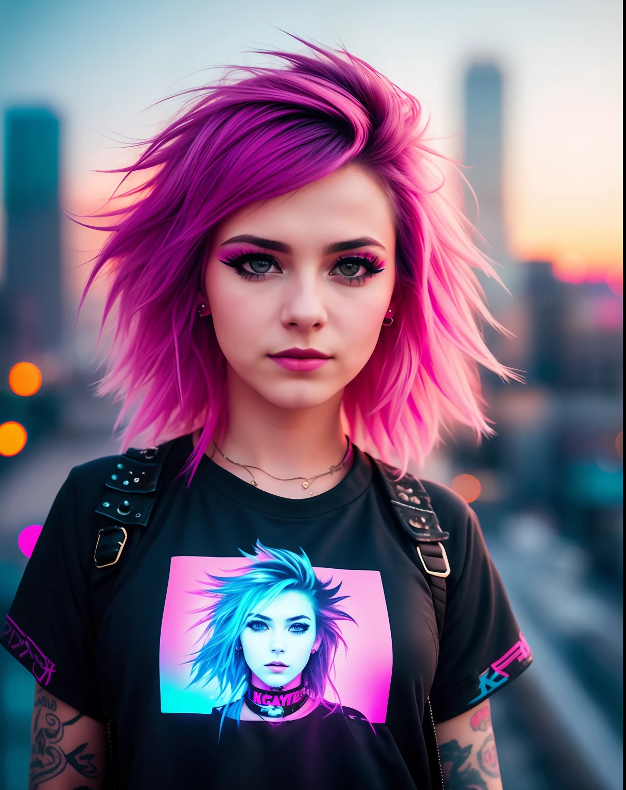 Punk Woman, in the sky, with sidecute hair, skin texture, the lights of a city, neon lights, detail face, detail backgrounds little blur, natural lights, HDR, photo realistic, professional photo, flirt with the viewer, wind