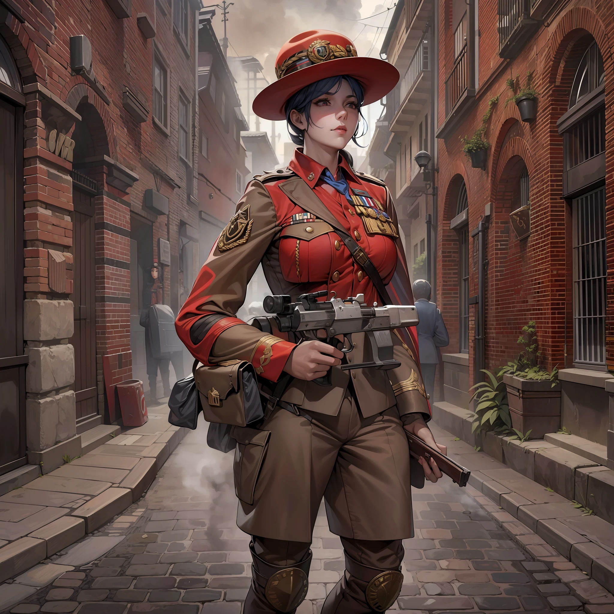 En un mundo dieselpunk. A very nice young soldier in the British army, con un gran sombrero y un traje rojo con muchos botones y varias medallas. She carries a strange steam rifle. She is patrolling on a large cobblestone street with large buildings...... La luz es algo pobre debido al exceso de humo.