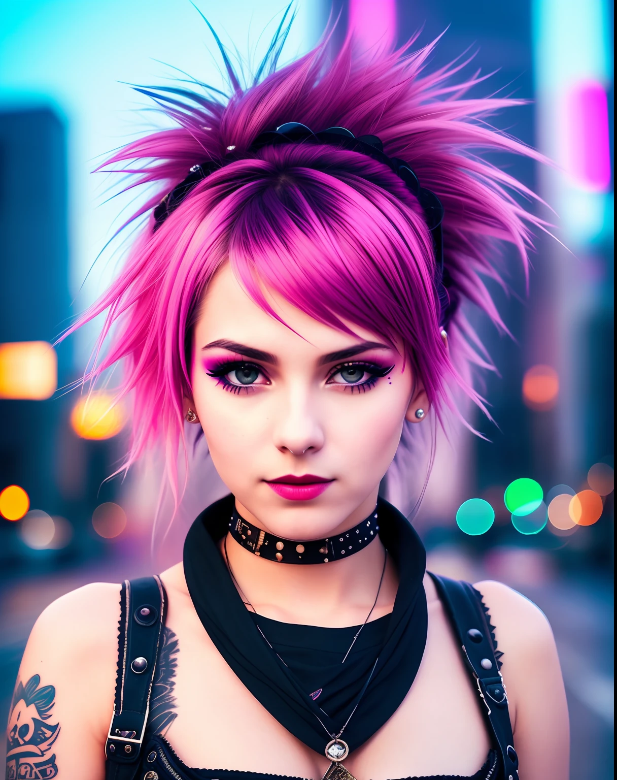 Punk Woman, in the sky, with sidecute hair, skin texture, the lights of a city, neon lights, detail face, detail backgrounds little blur, natural lights, HDR, photo realistic, professional photo, flirt with the viewer, wind