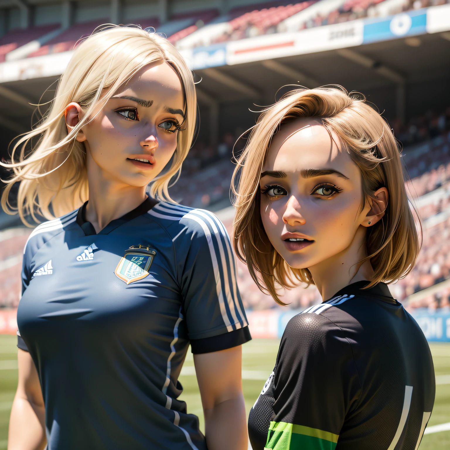 garota sentada em um campo de futebol, camisa branca, cabelos pretos longos, sorridente, rosto de ANA DE ARMAS, COM O ROSTO DE ANA DE ARMAS