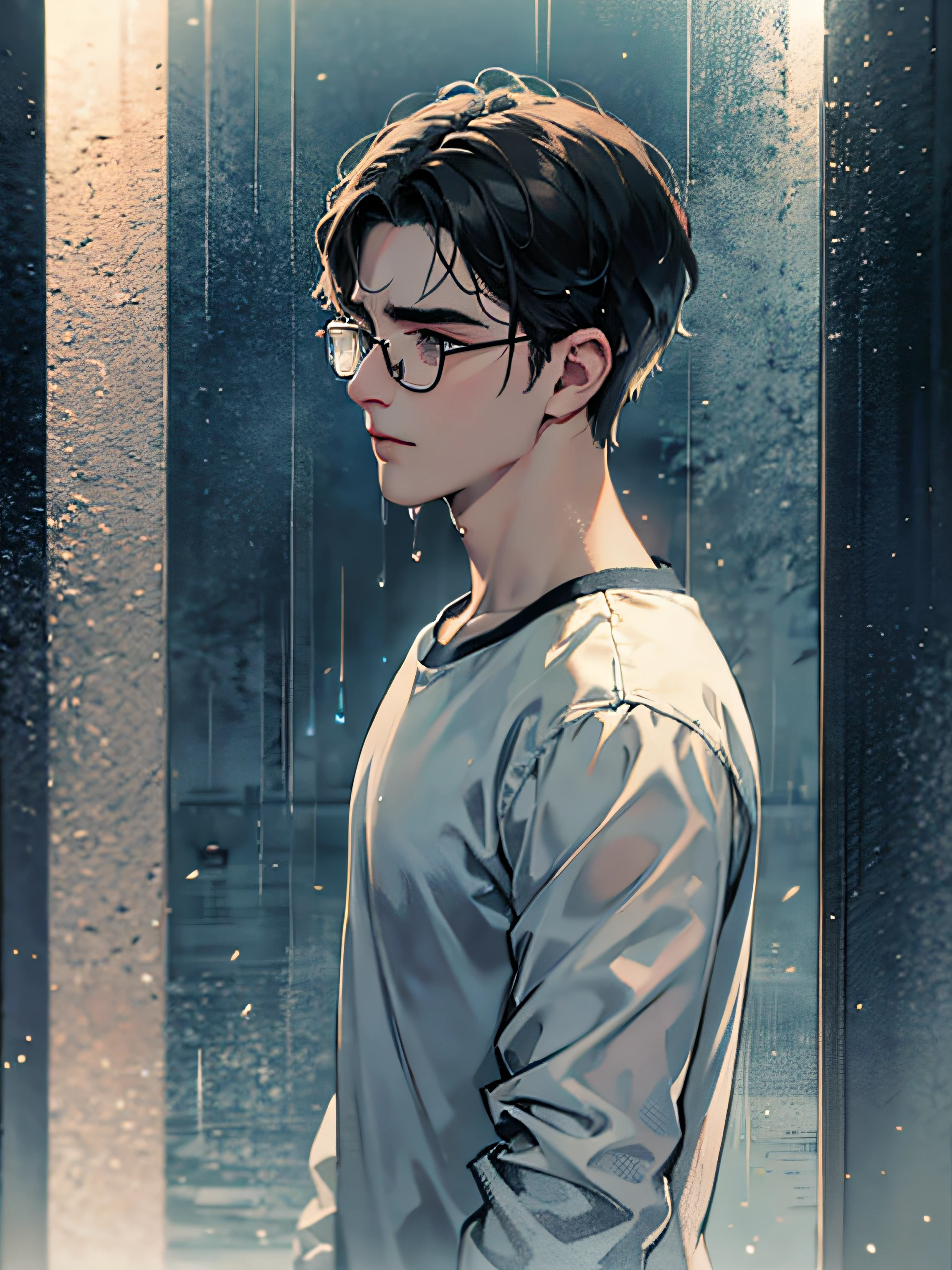 a teenager male, black hair, wear glasses, shirt, pants, dark night, heavy rain, lake, fog, lonely, eye reflection, streaming tears, panorama, ray tracing, reflection light, chiaroscuro, cinematic lighting, depth of field, masterpiece, best quality, high details, highres, ccurate, textured skin, high quality, UHD, HD