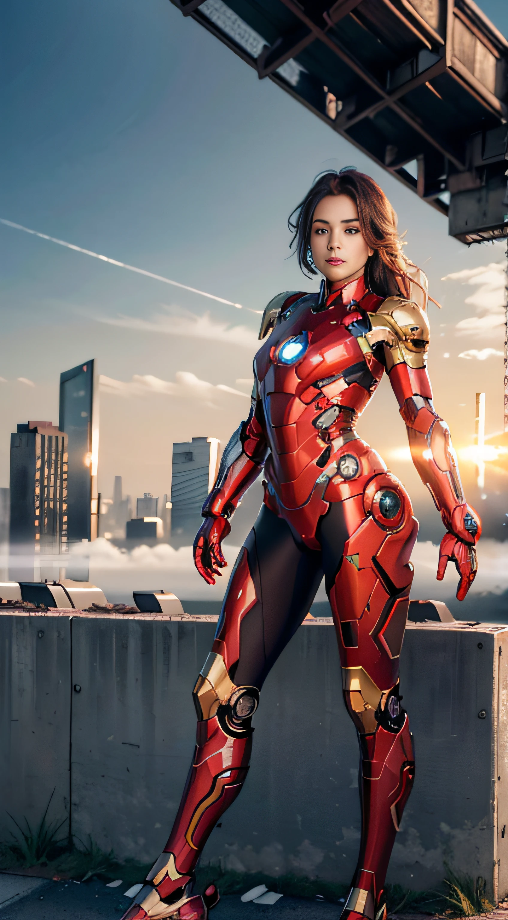 RAW, Masterpiece, Ultra Fine Photo,, Best Quality, Ultra High Resolution, Photorealistic, Sunlight, Full Body Portrait, Stunningly Beautiful,, Dynamic Poses, Delicate Face, Vibrant Eyes, (Side View) , she is wearing a futuristic Iron Man mech, red and gold color scheme, highly detailed abandoned warehouse background, detailed face, detailed and complex busy background, messy, gorgeous, milky white, high detailed skin, realistic skin details, visible pores , sharp focus, volumetric fog, 8k uhd, dslr camera, high quality, film grain, fair skin, photorealism, lomography, sprawling metropolis in futuristic dystopia, view from below, translucent