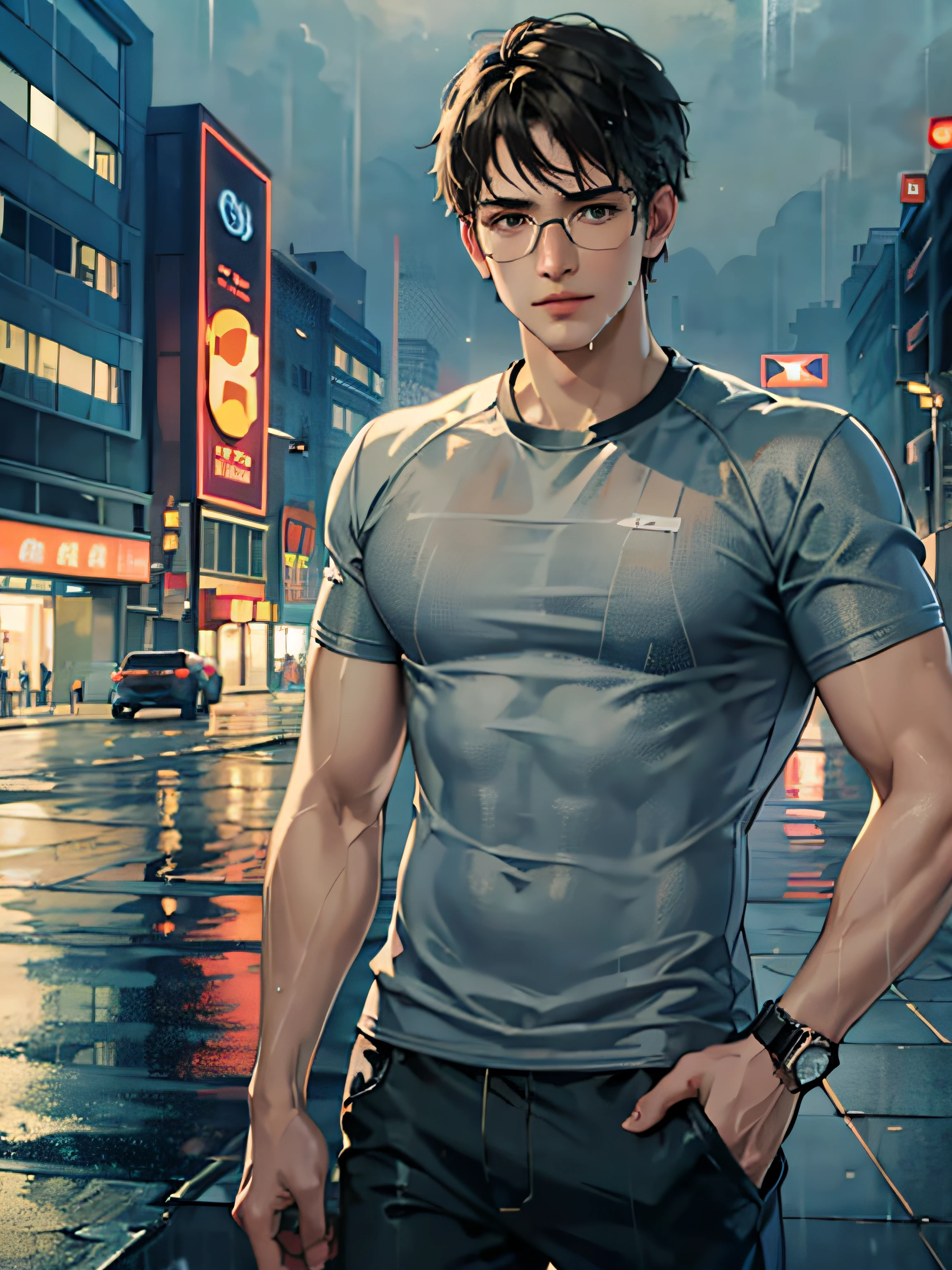 a teenager male, black hair, wear glasses, shirt, pants, dark night, heavy rain, lake, fog, lonely, eye reflection, streaming tears, panorama, ray tracing, reflection light, chiaroscuro, cinematic lighting, depth of field, masterpiece, best quality, high details, highres, ccurate, textured skin, high quality, UHD, HD