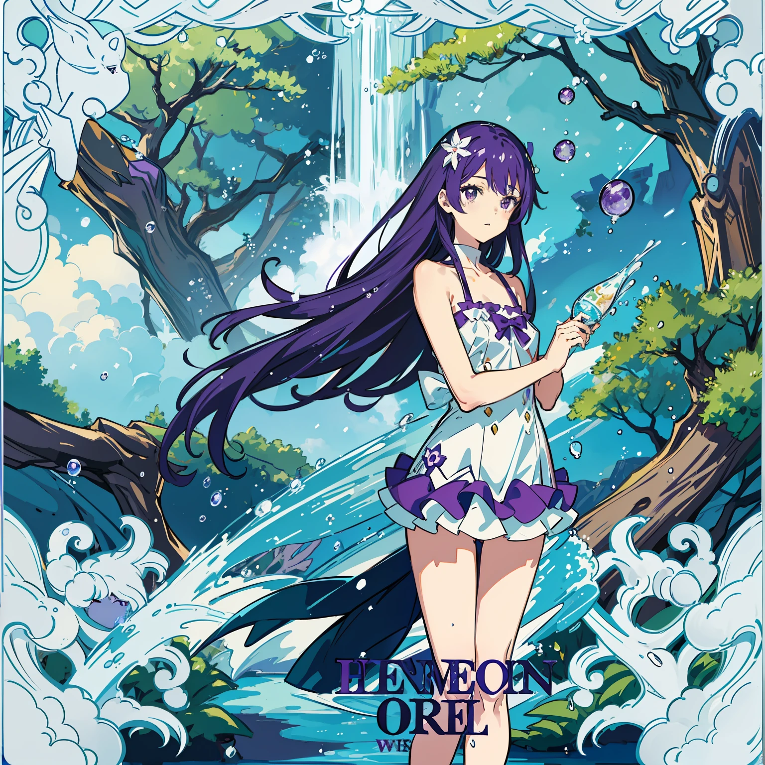 "tmasterpiece！best qualityer！Animated manga with great detail！Depicts a girl with purple hair and purple eyes。She stood in the water in a swimsuit，Water droplets permeate all around，Small waterfall next to the lake，Surrounded by trees and bushes，Blue sky as background。"
