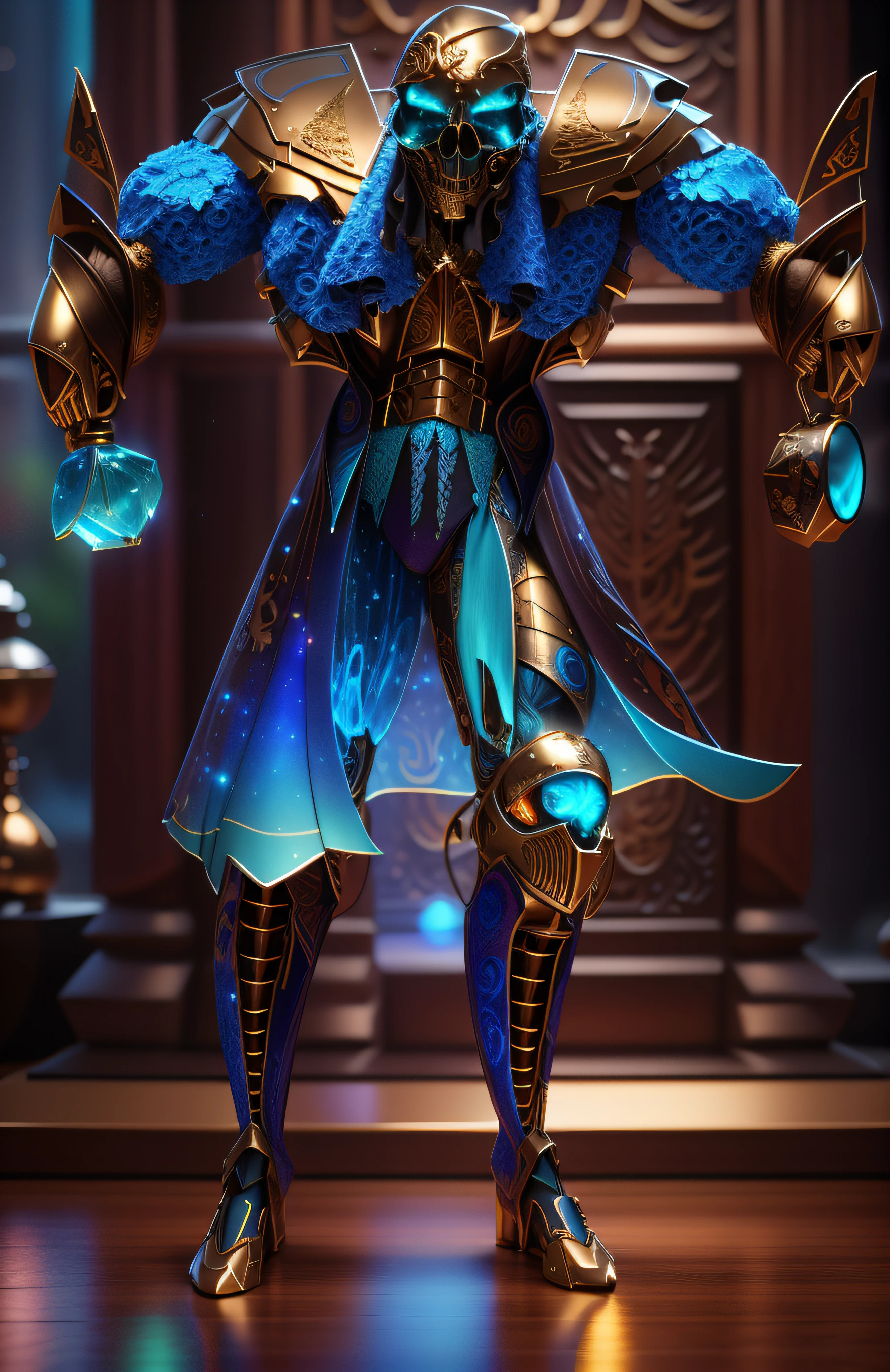 The sinister depiction of a skull-themed pirta, azul-turquesa luminoso e bege com dourado, pele feita de neon amarelo, 3D-rendering, Hyper-realistic graphics, 3D-rendering, 8k, NVIDIA, RTX 4090 | | | | | | | | | | | | |, ray tracing, Bokeh, Galaxy scenery,