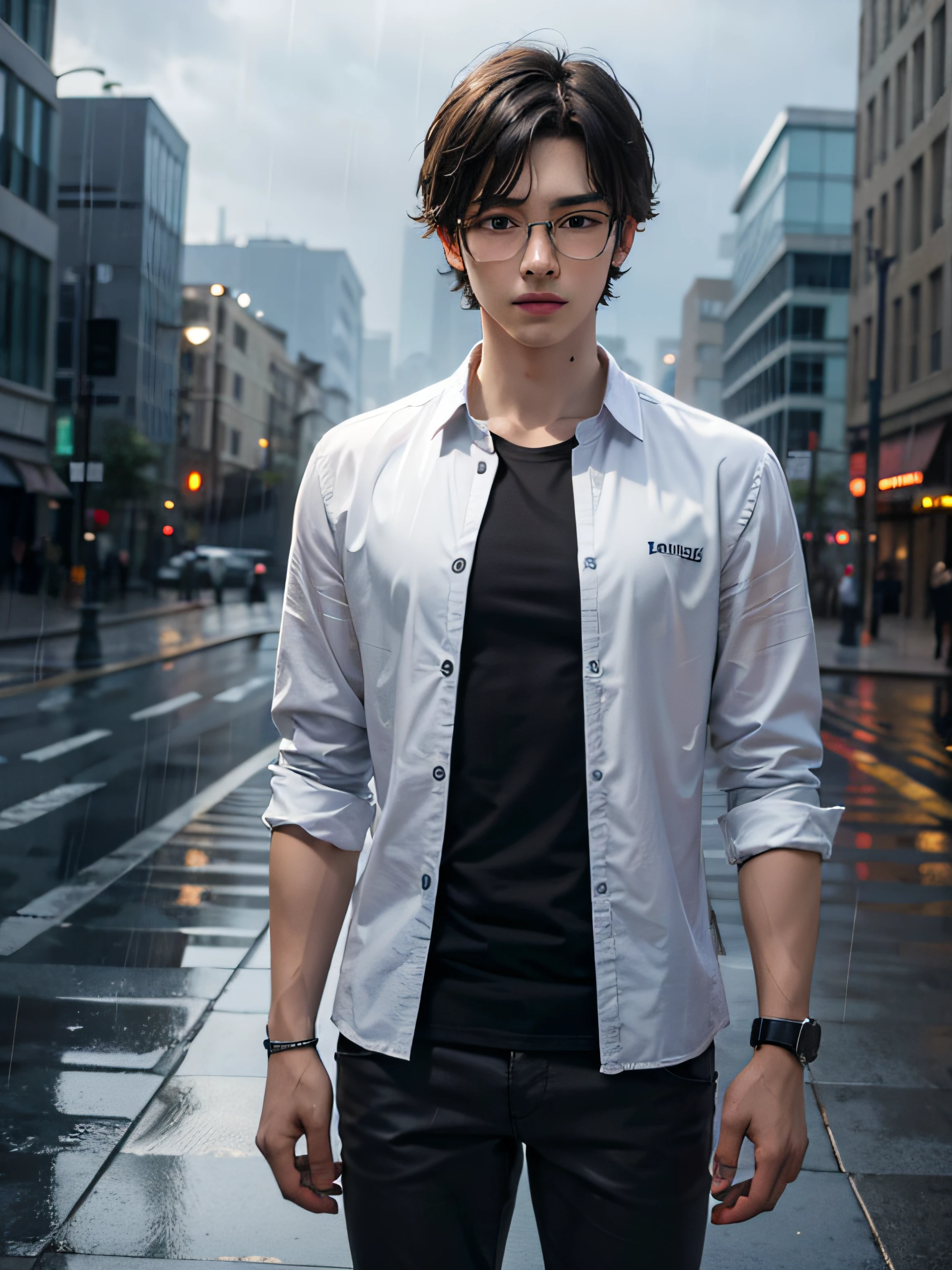 a teenager male, black hair, wear glasses, shirt, pants, dark night, heavy rain, lake, fog, lonely, eye reflection, streaming tears, panorama, ray tracing, reflection light, chiaroscuro, cinematic lighting, depth of field, masterpiece, best quality, high details, highres, ccurate, textured skin, high quality, UHD, HD