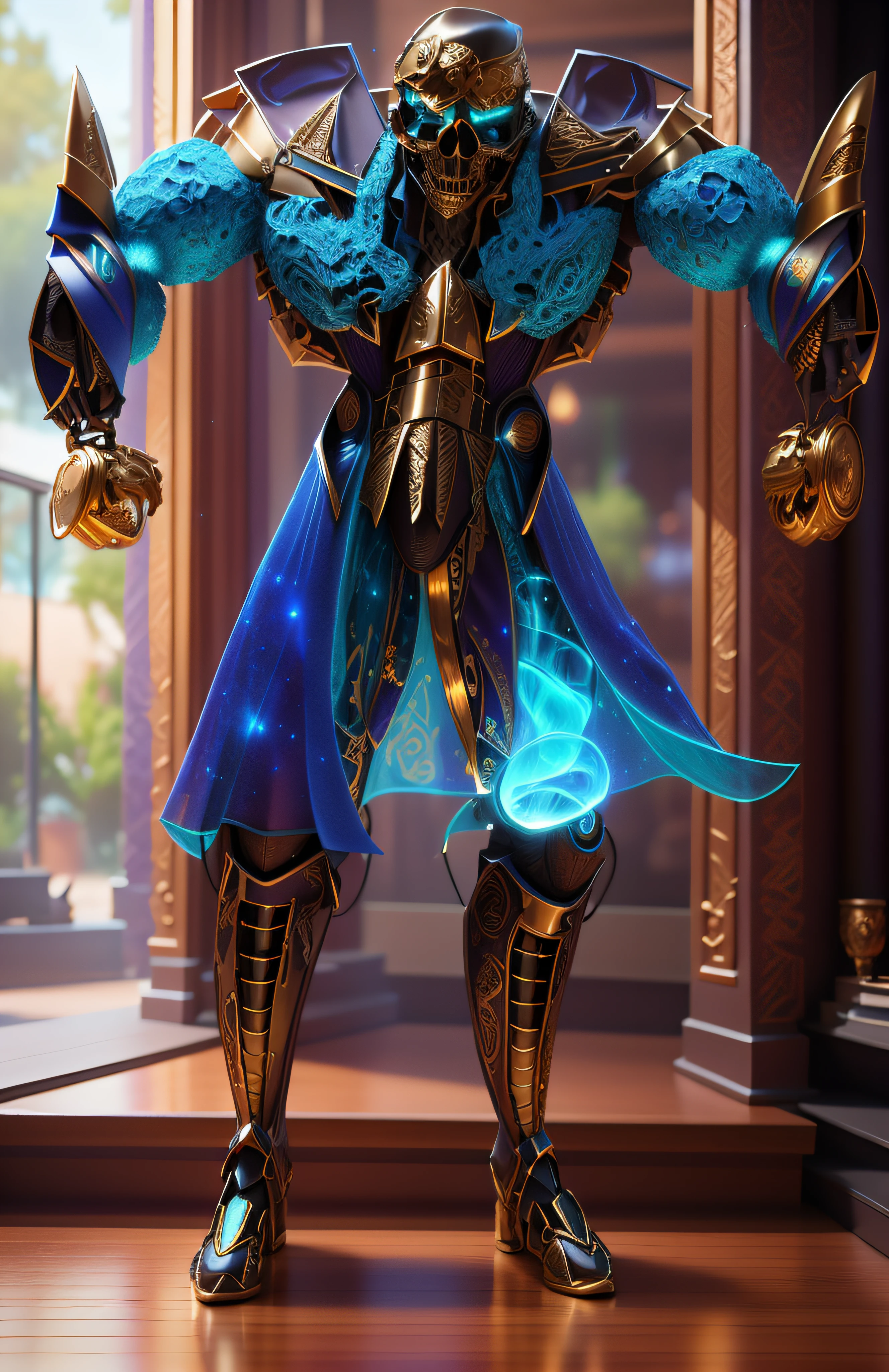 The sinister depiction of a skull-themed pirta, azul-turquesa luminoso e bege com dourado, pele feita de neon amarelo, 3D-rendering, Hyper-realistic graphics, 3D-rendering, 8k, NVIDIA, RTX 4090 | | | | | | | | | | | | |, ray tracing, Bokeh, Galaxy scenery,